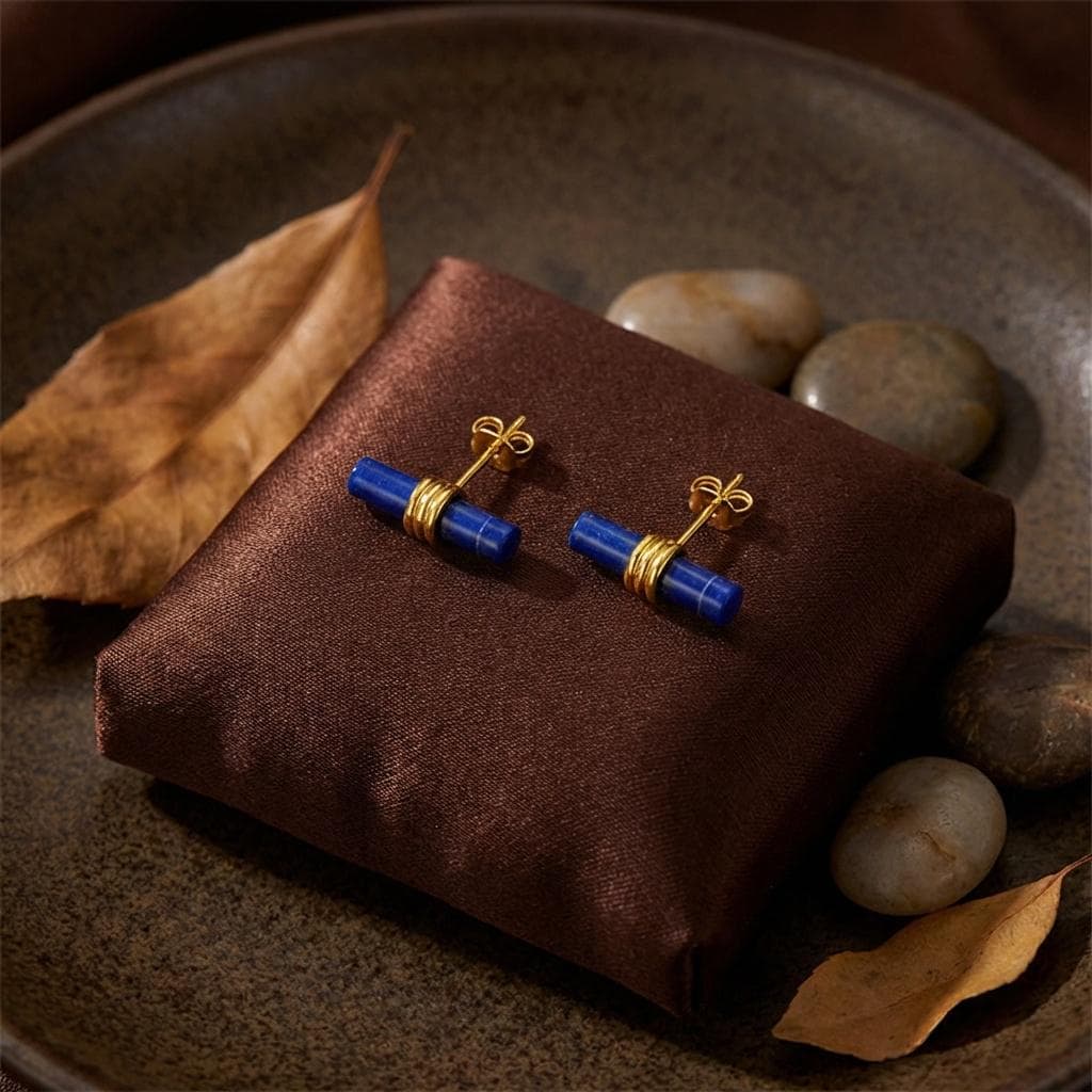 Lapis Lazuli Bar Studs • Gold Wire Wrapped Sterling Silver Posts