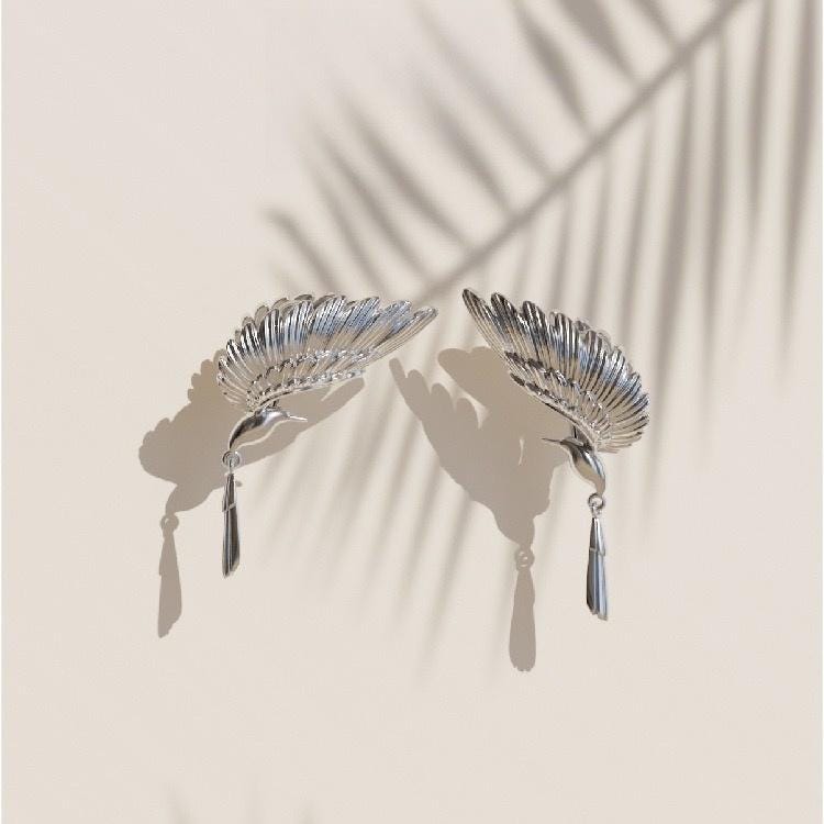Silver Wing Earrings, Myth Inspired Dangle Ear Cuff
