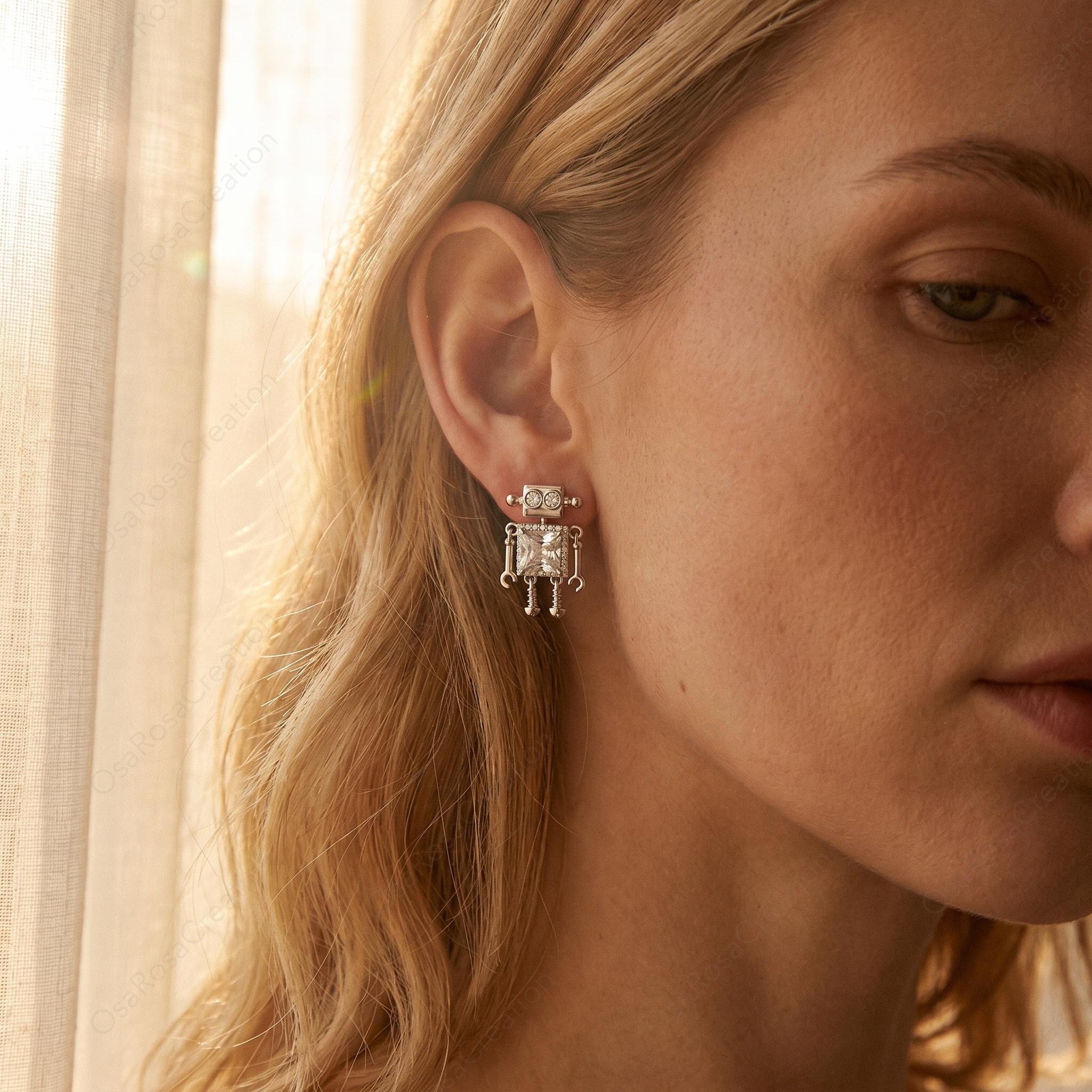 Sterling Robot Crystal Dangle Earrings, Retro Futuristic Geometric Jewelry