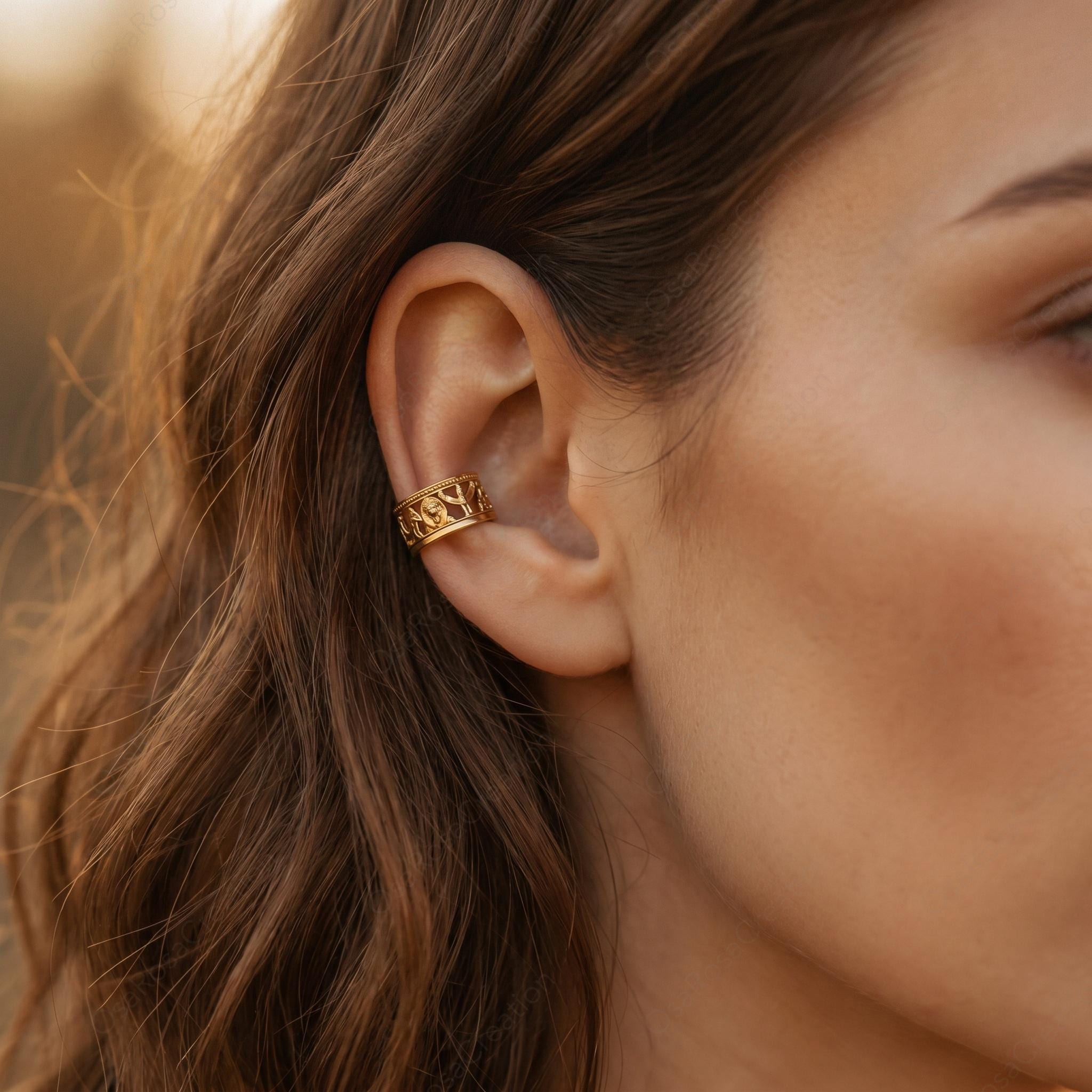 Egyptian Revival Gold Open Band Earring | Sculptural Ancient Motif Statement Jewelry
