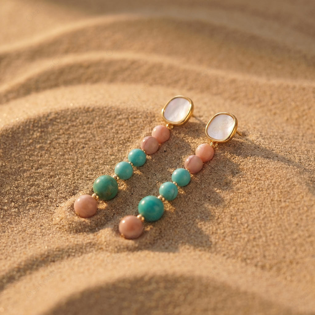 Long Turquoise Pink Stone Drop Earrings, Mediterranean Style Gold Plated Jewelry