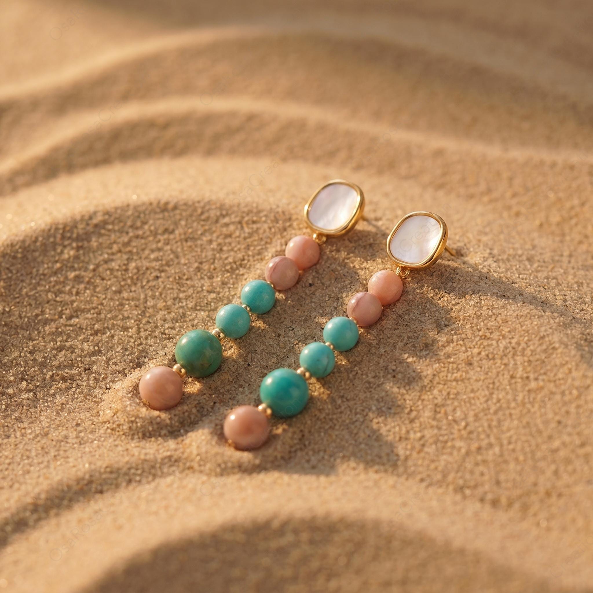 Long Turquoise Pink Stone Drop Earrings, Mediterranean Style Gold Plated Jewelry