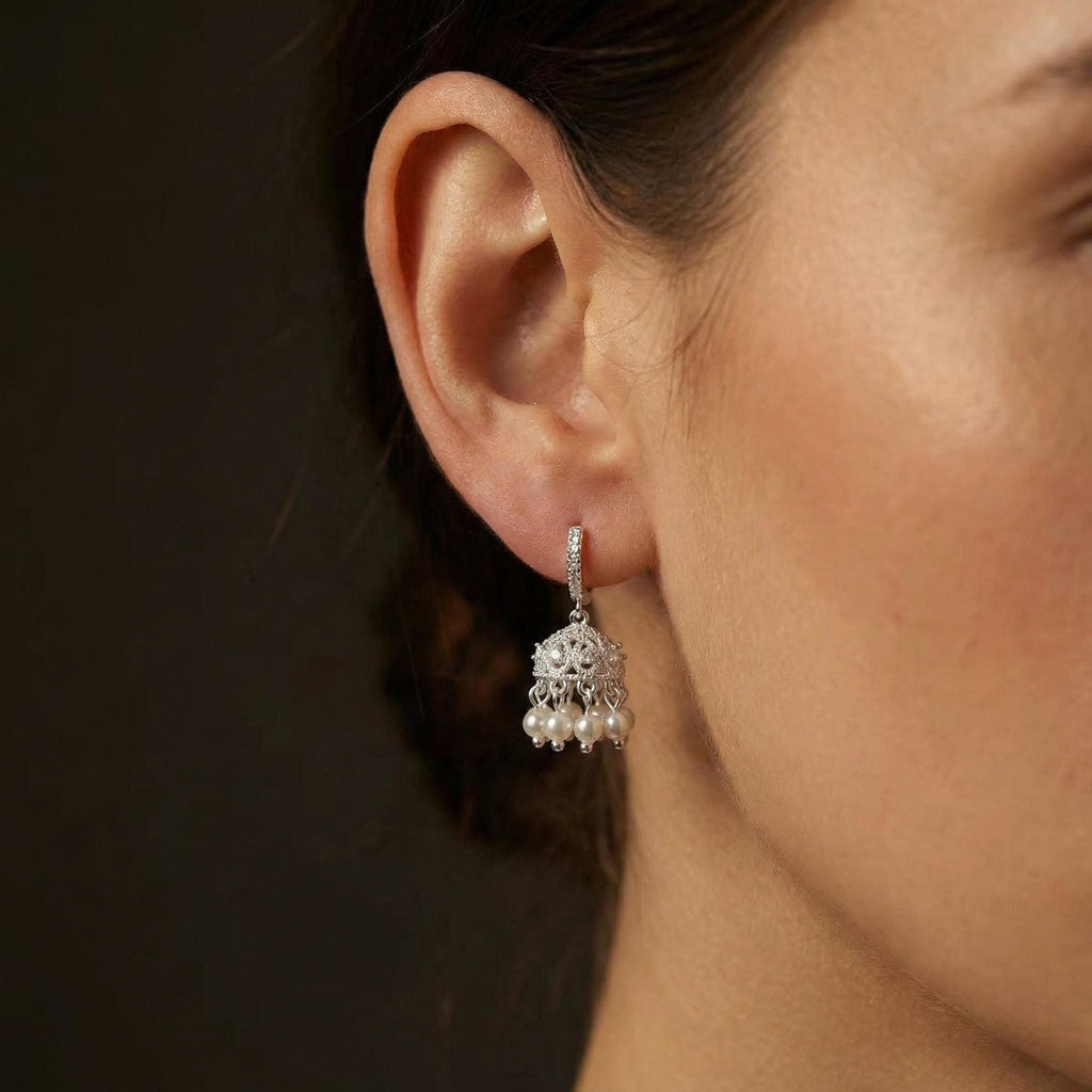 Crystal Pearl Tassel Earrings • Silver Bridal Chandelier Huggie Hoops