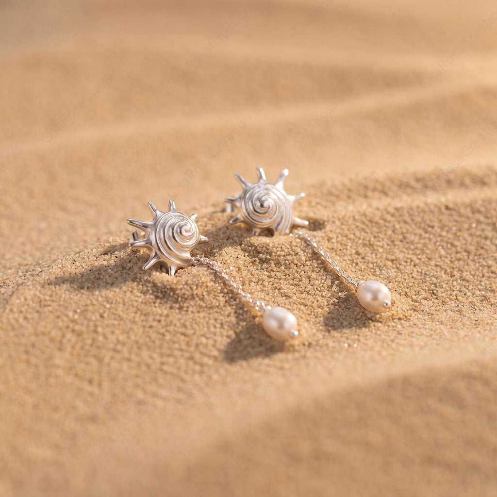 Silver Conch Shell Pearl Drop Earrings, Ocean Inspired Dangle Bridal Jewelry