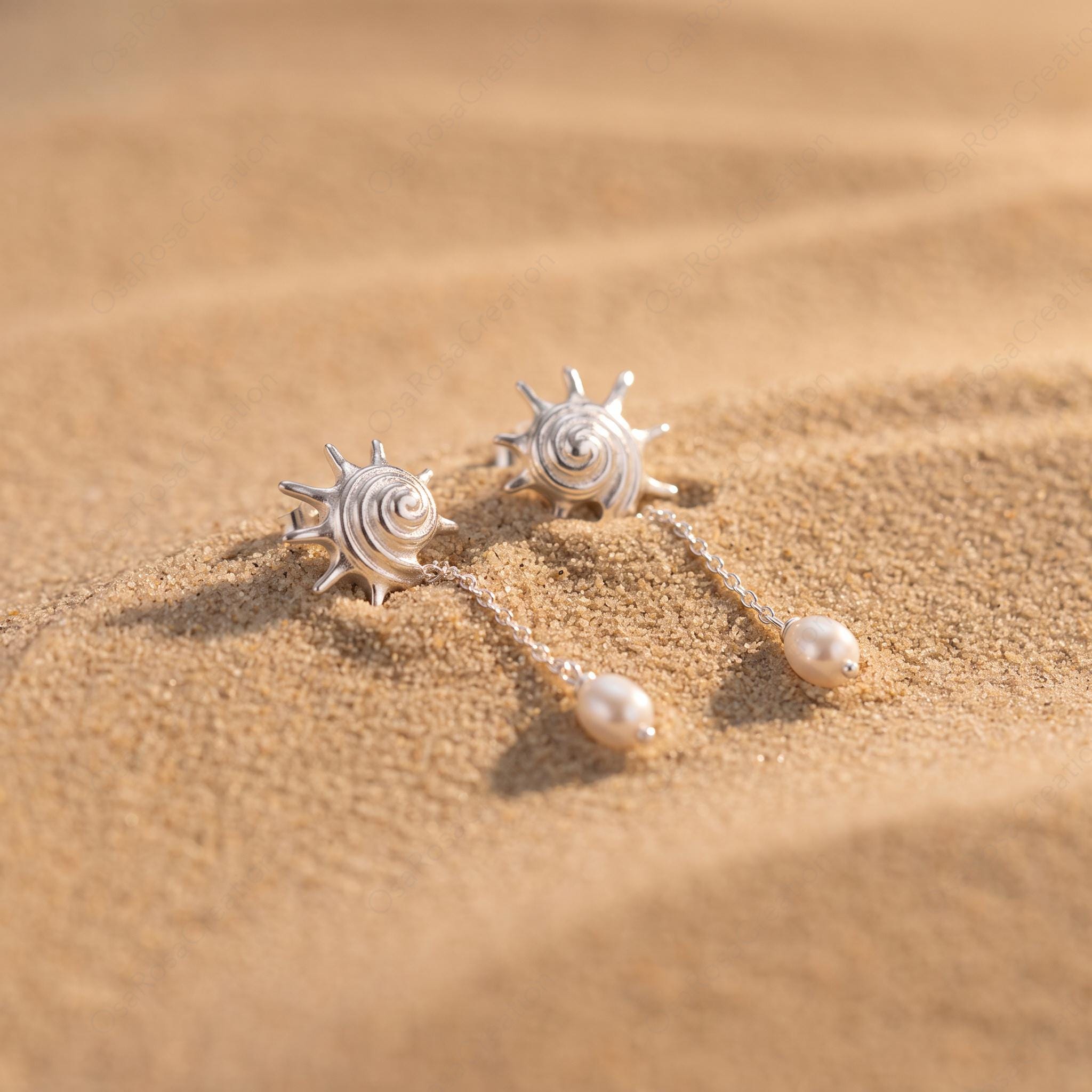 Silver Conch Shell Pearl Drop Earrings, Ocean Inspired Dangle Bridal Jewelry