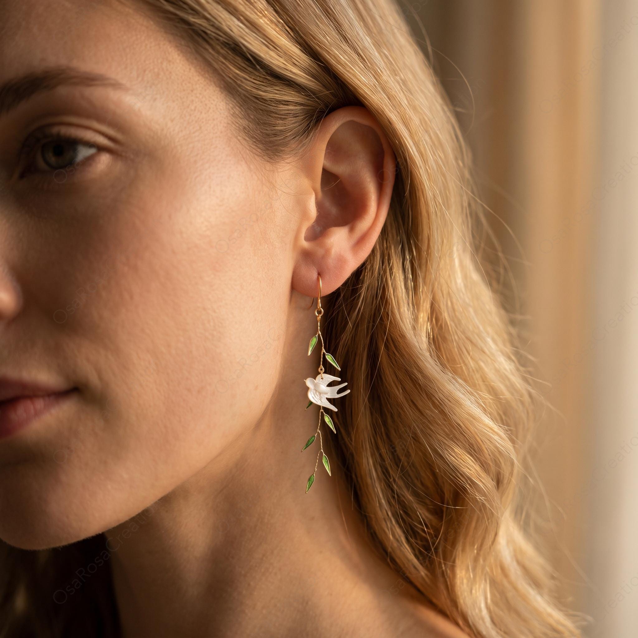 Mother of Pearl Bird Earrings, Gold Enamel Leaf Vine Dangle Jewelry