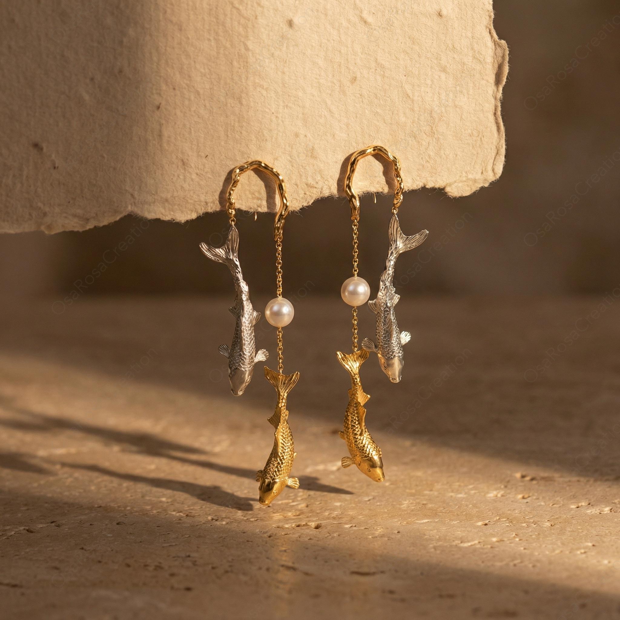 Sculptural Koi Fish Pearl Drop Earrings – Gold-Plated Brass Nature Jewelry