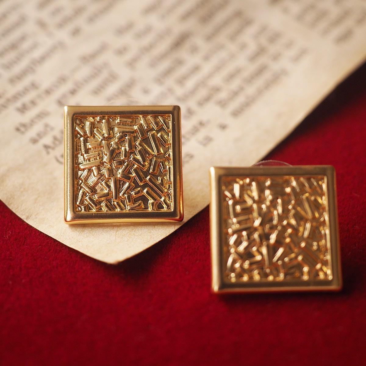 Gold Square Stud Earrings, Textured Geometric Jewelry, 925 Silver Post