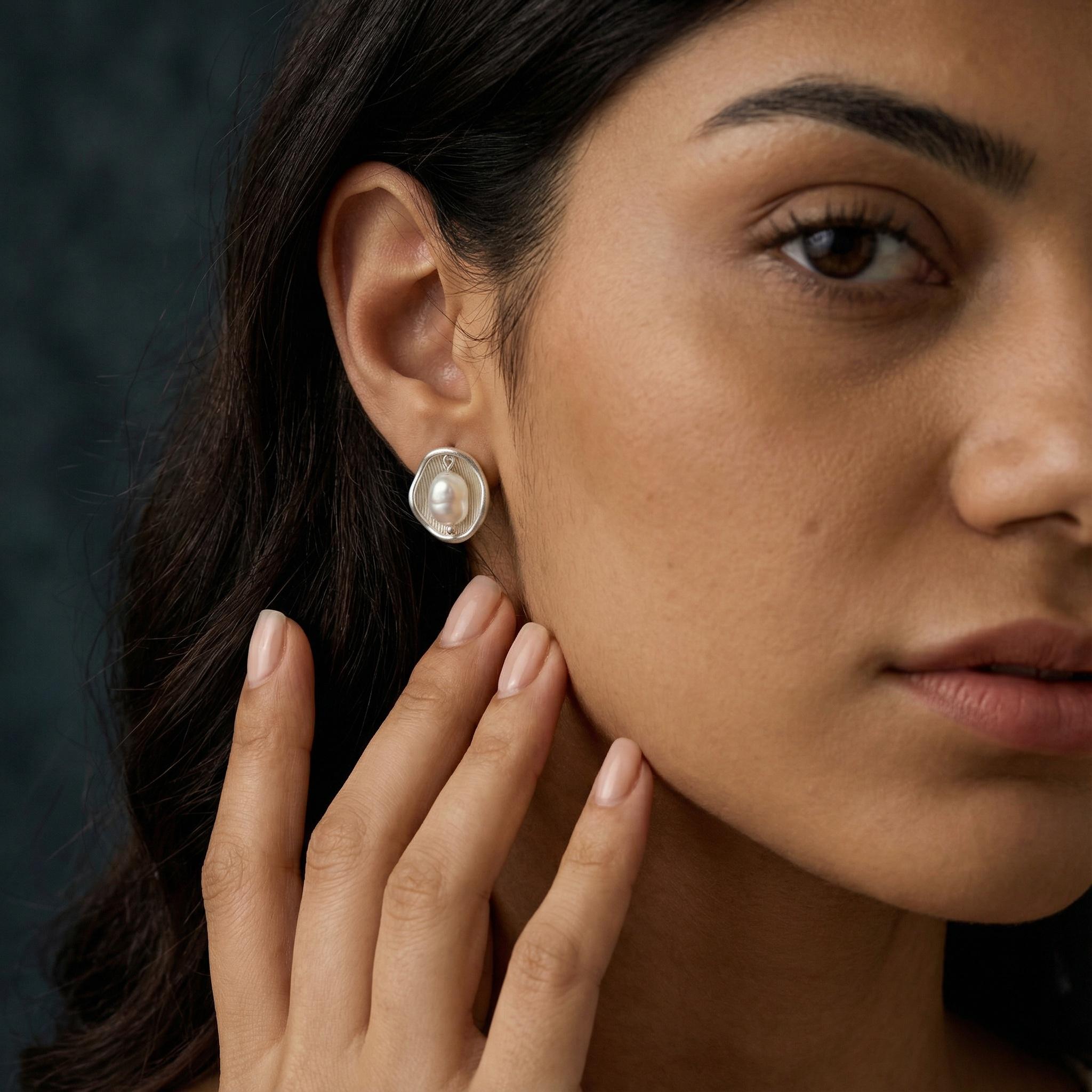 Pearl Relic Stud Earrings — Platinum Plated Minimal Jewelry