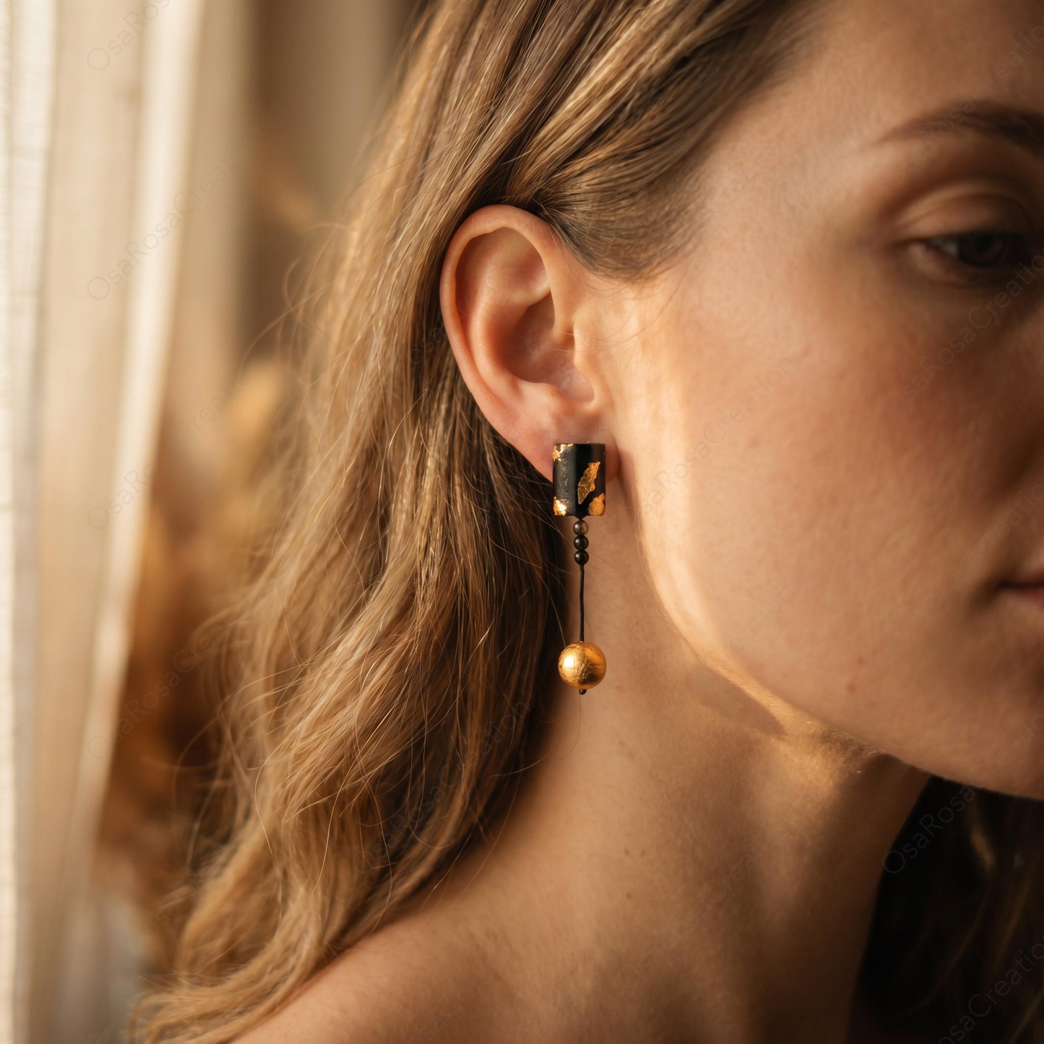 Black Gold Drop Earrings, Wabi Sabi Geometric Jewelry, Desert Inspired Statement Piece