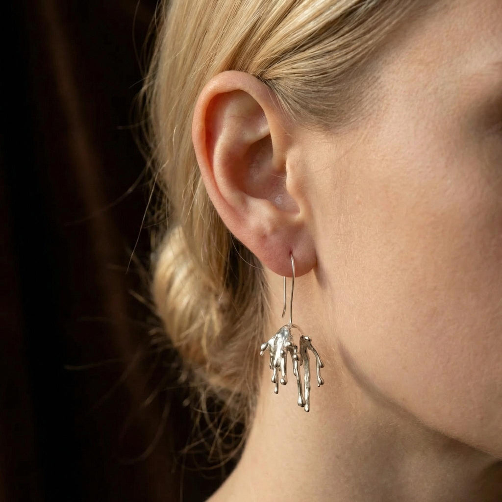 Molten Liquid Metal Dangle Earrings – Surrealist Sterling Silver Drop Jewelry