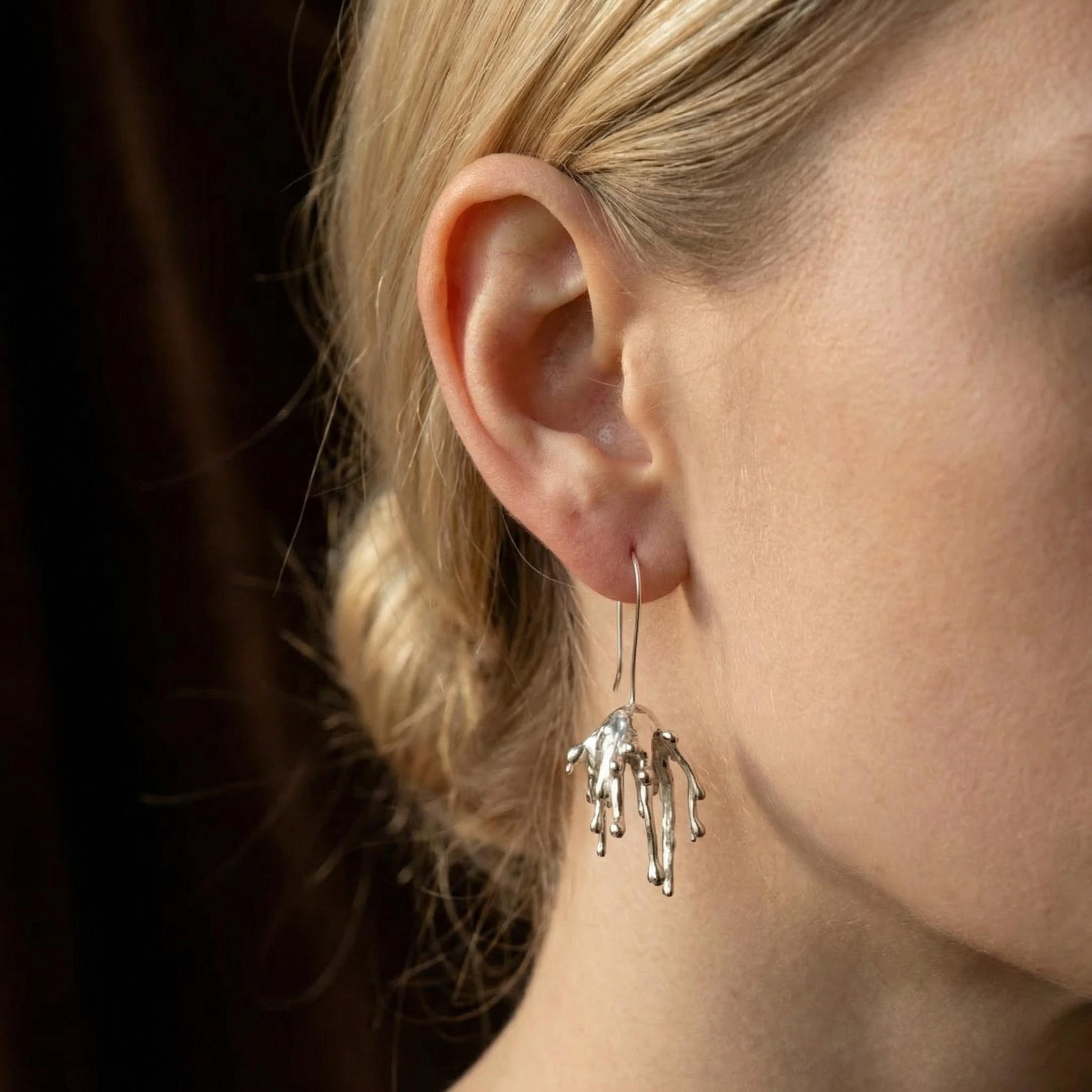 Molten Liquid Metal Dangle Earrings – Surrealist Sterling Silver Drop Jewelry
