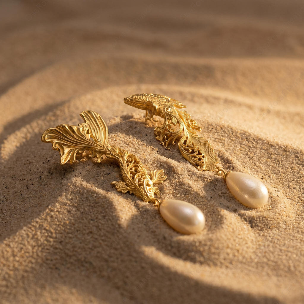 Pisces Zodiac Earrings | Gold Fish Dangle with Pearl