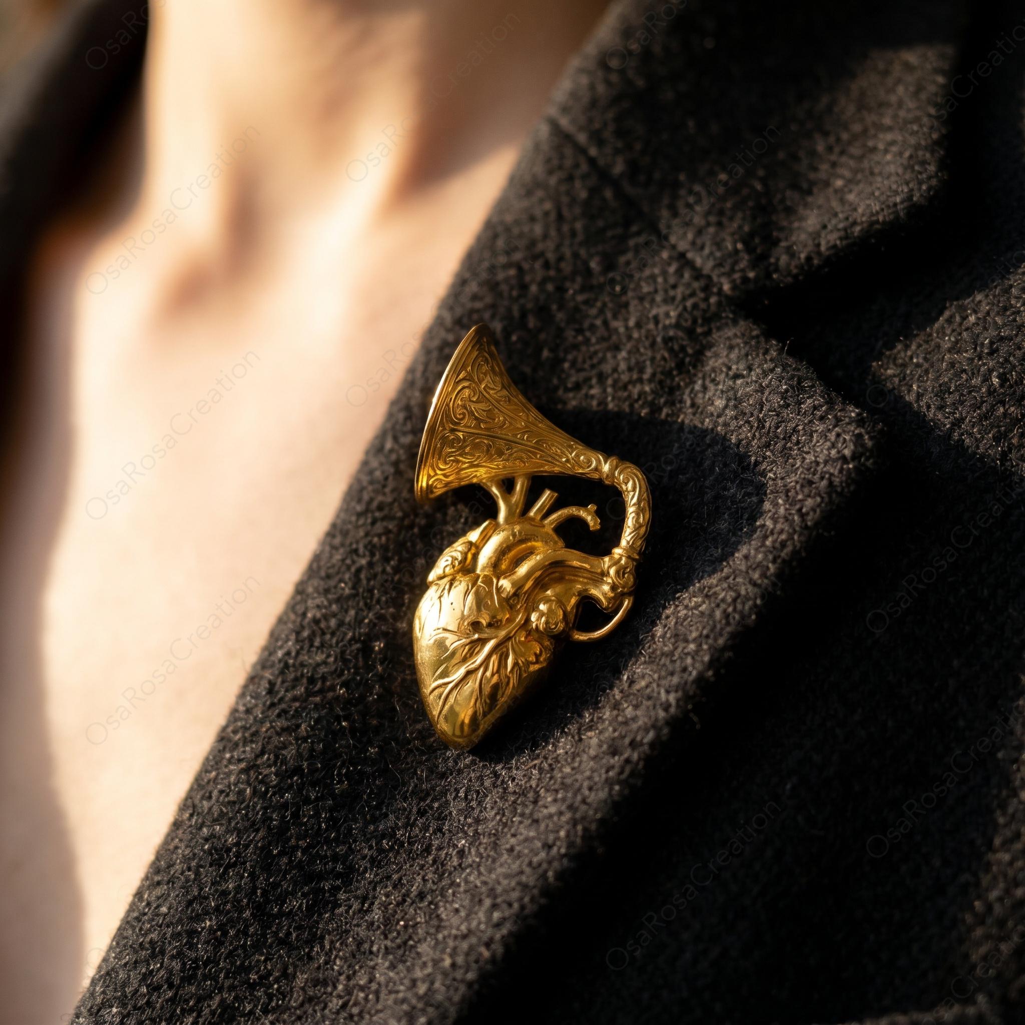 Golden Heart Gramophone Brooch Pin | Anatomical Heart Music Brooch | Gold Tone Lapel Pin | Music Lover Gift | Statement Art Jewelry