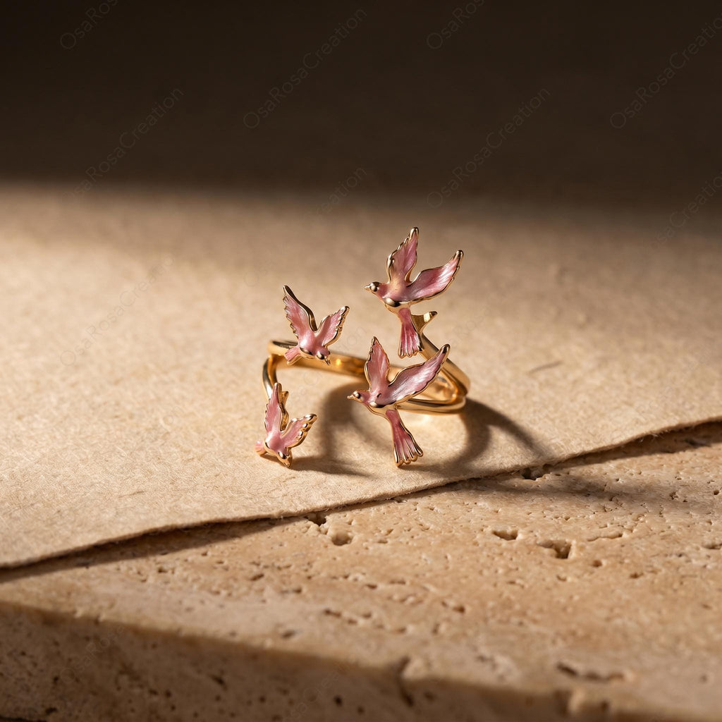 Pink Enamel Bird Ring, Gold Flying Swallow Wrap Ring, Nature Inspired Open Band, Poetic Animal Jewelry, Romantic Spring Gift for Her