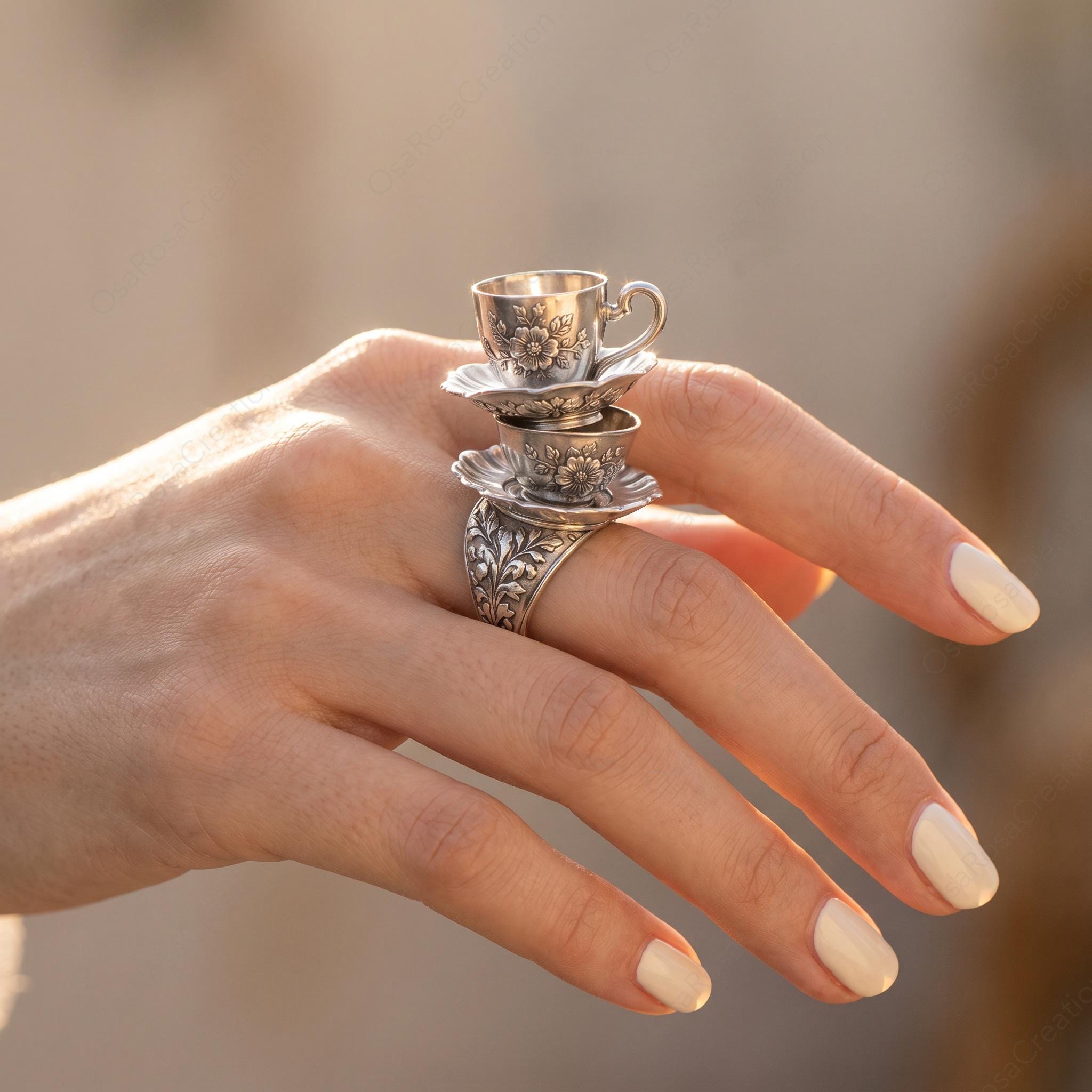 Vintage Stacked Teacup Ring, Floral Engraved Silver, Whimsical Victorian Jewelry