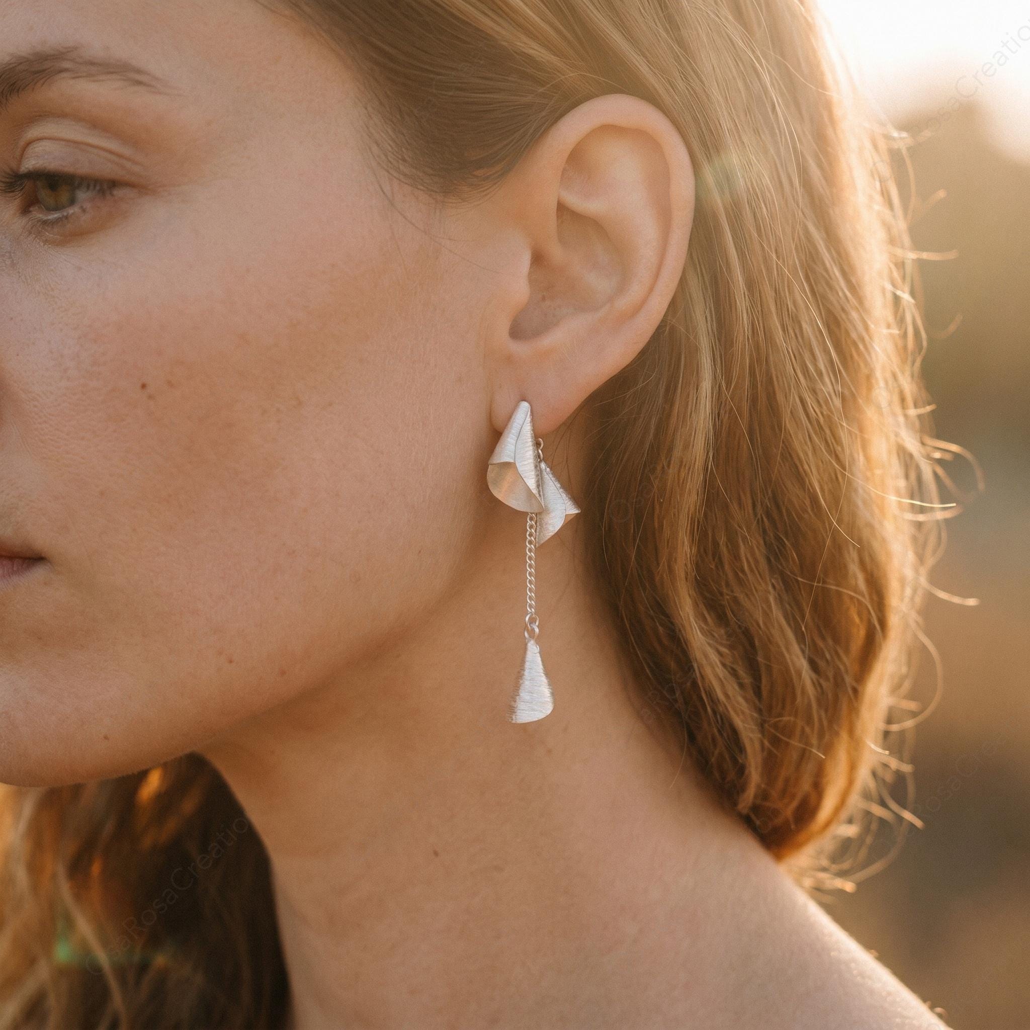 Sculptural Shell Drop Earrings, Platinum Plated, Greco-Roman Jewelry