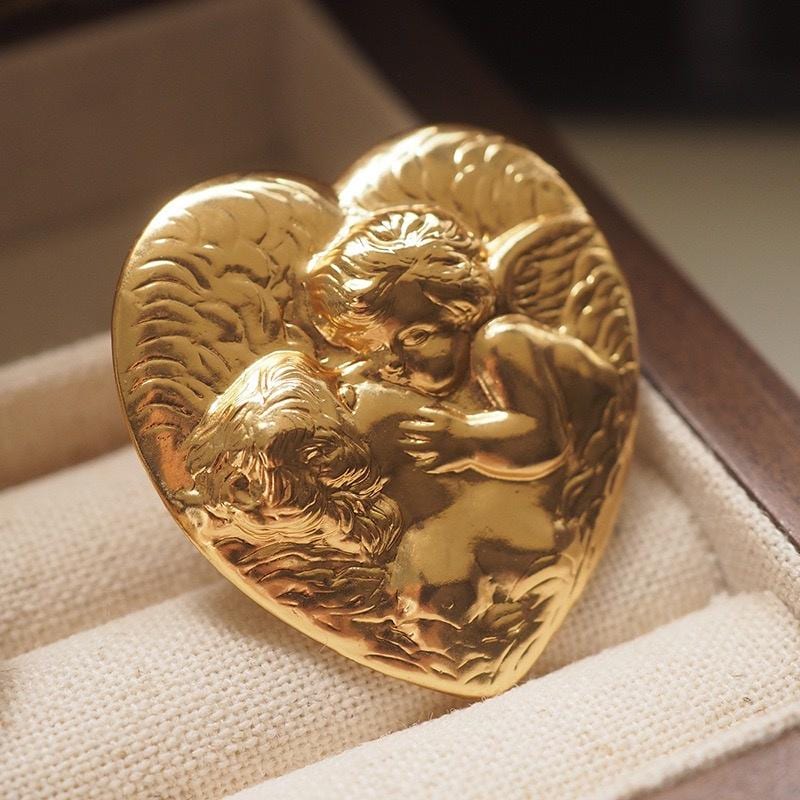 Gold Heart Cherub Earrings | Baroque Relief Studs, 925 Silver Posts