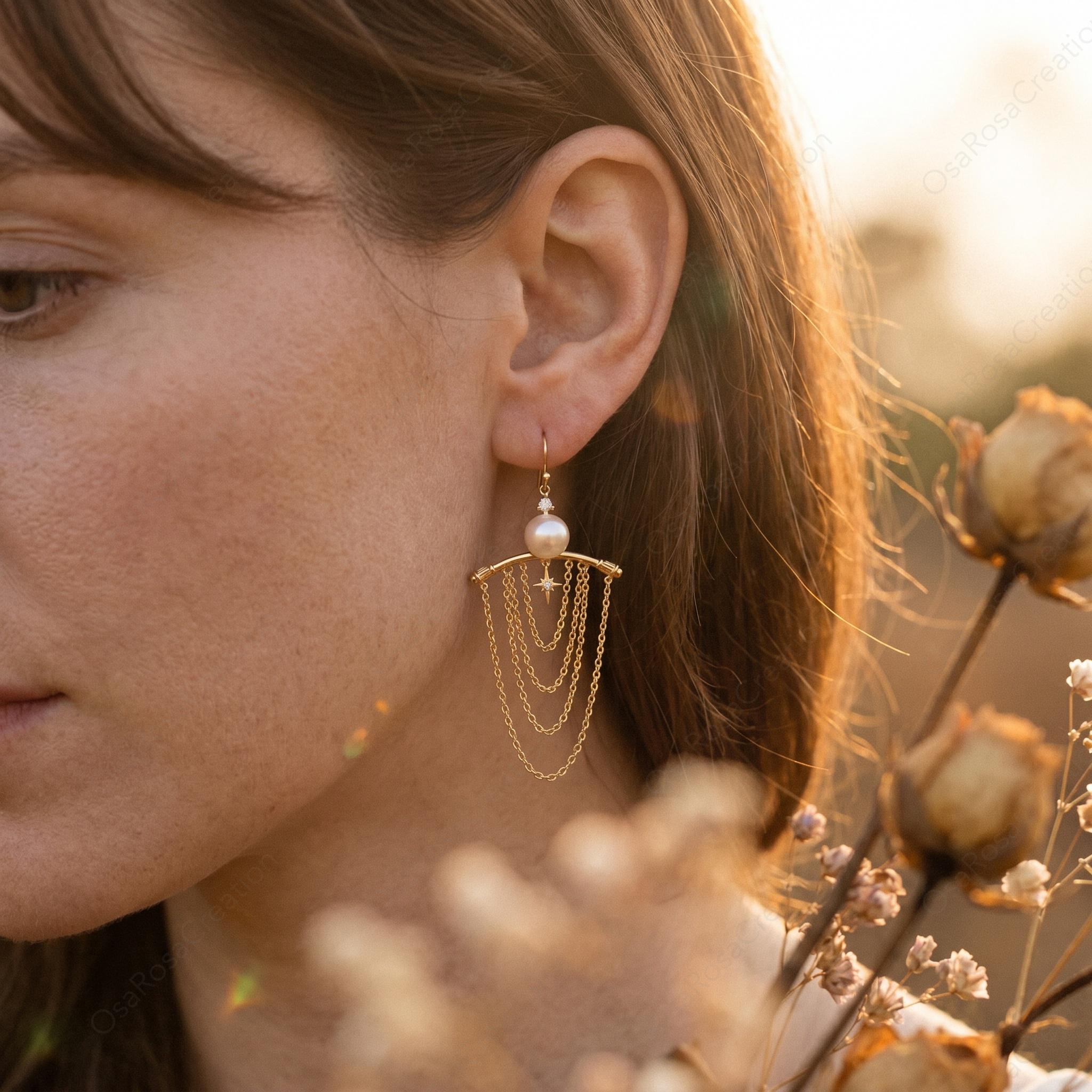 Pearl Star Dangle Earrings • 18k Gold Celestial Chain Fringe