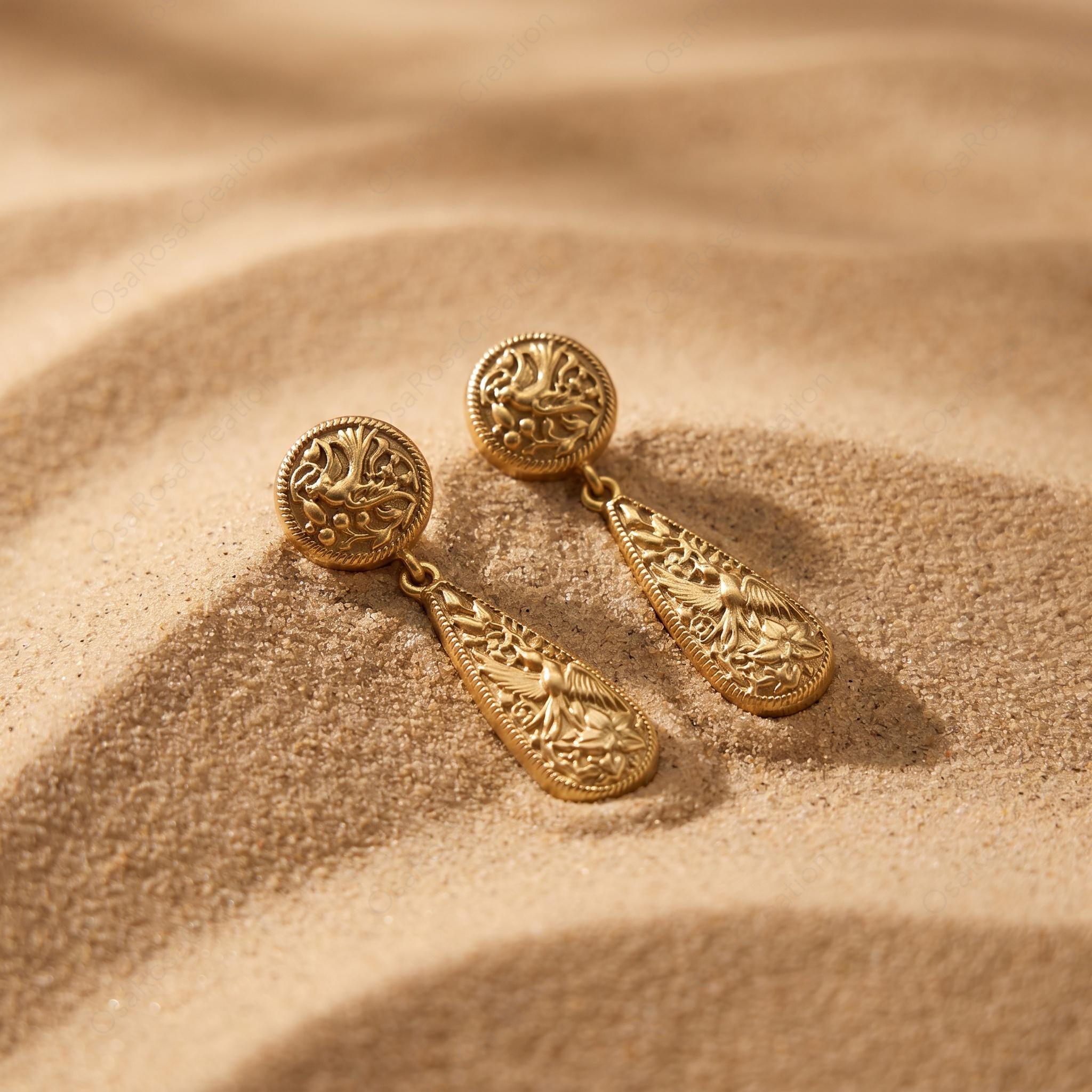 Gold-Plated Brass Botanical Teardrop Earrings, Victorian Embossed Dangle Jewelry