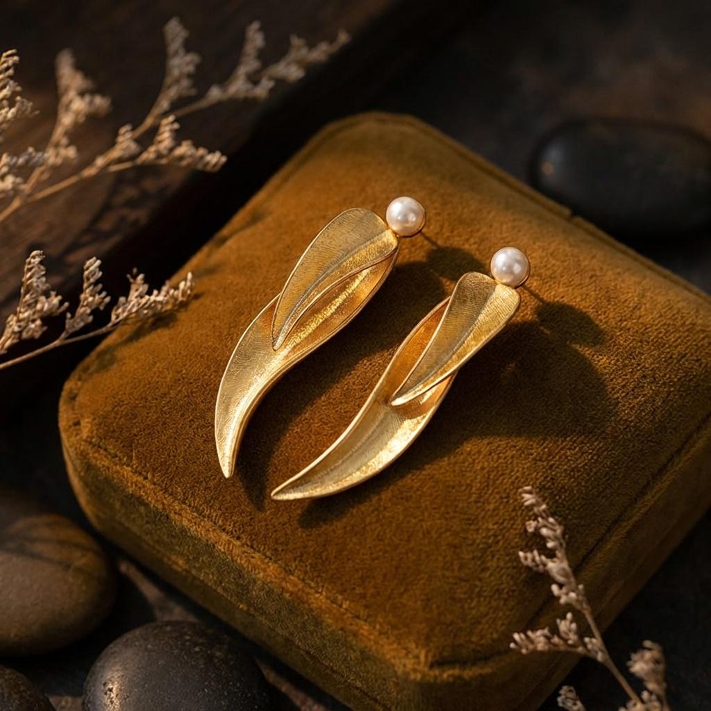 Brushed Gold Leaf Earrings • Pearl Dangle, Botanical Jewelry