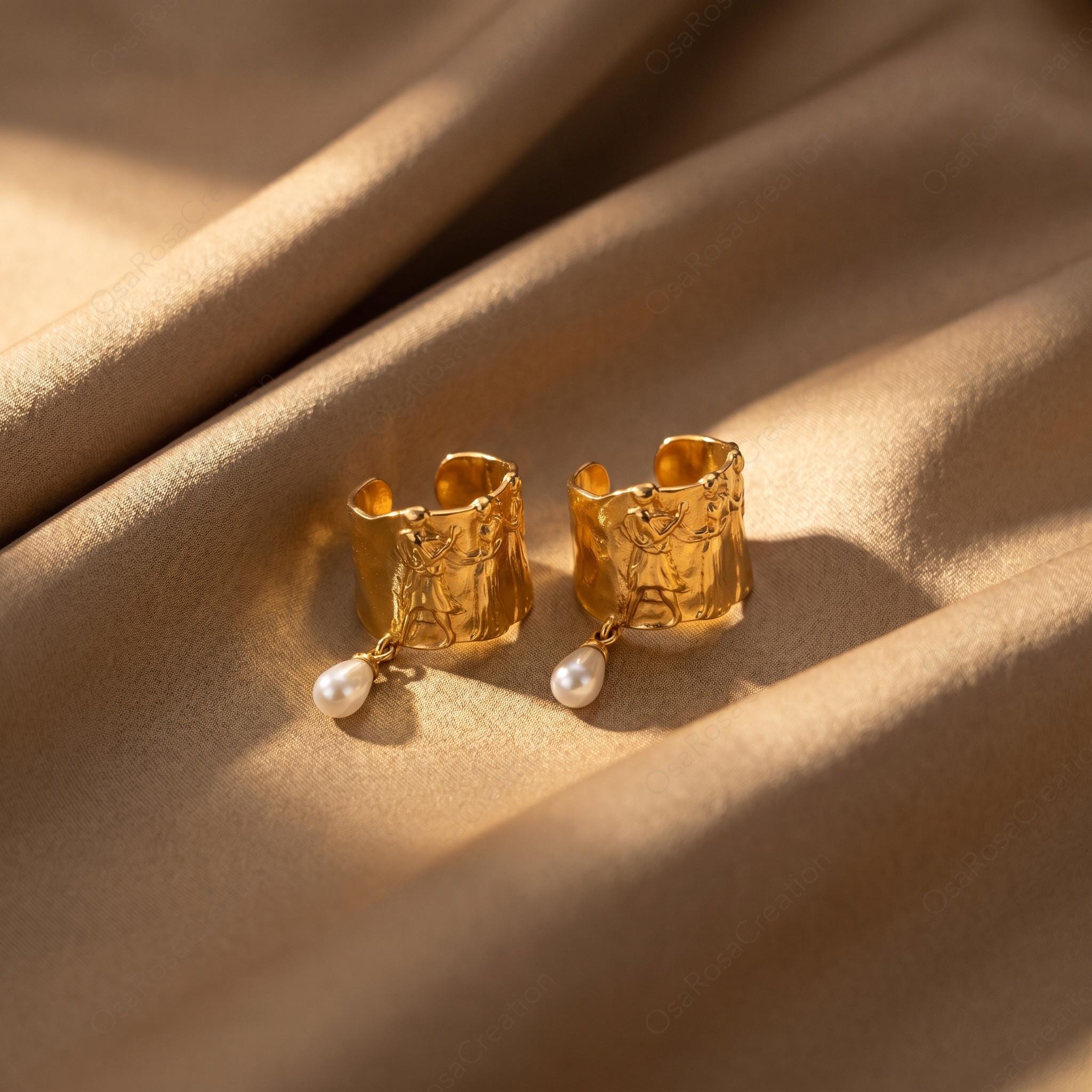 Embossed Gold Pearl Drop Earrings | Classical Art Cuff | Vintage Museum Jewelry