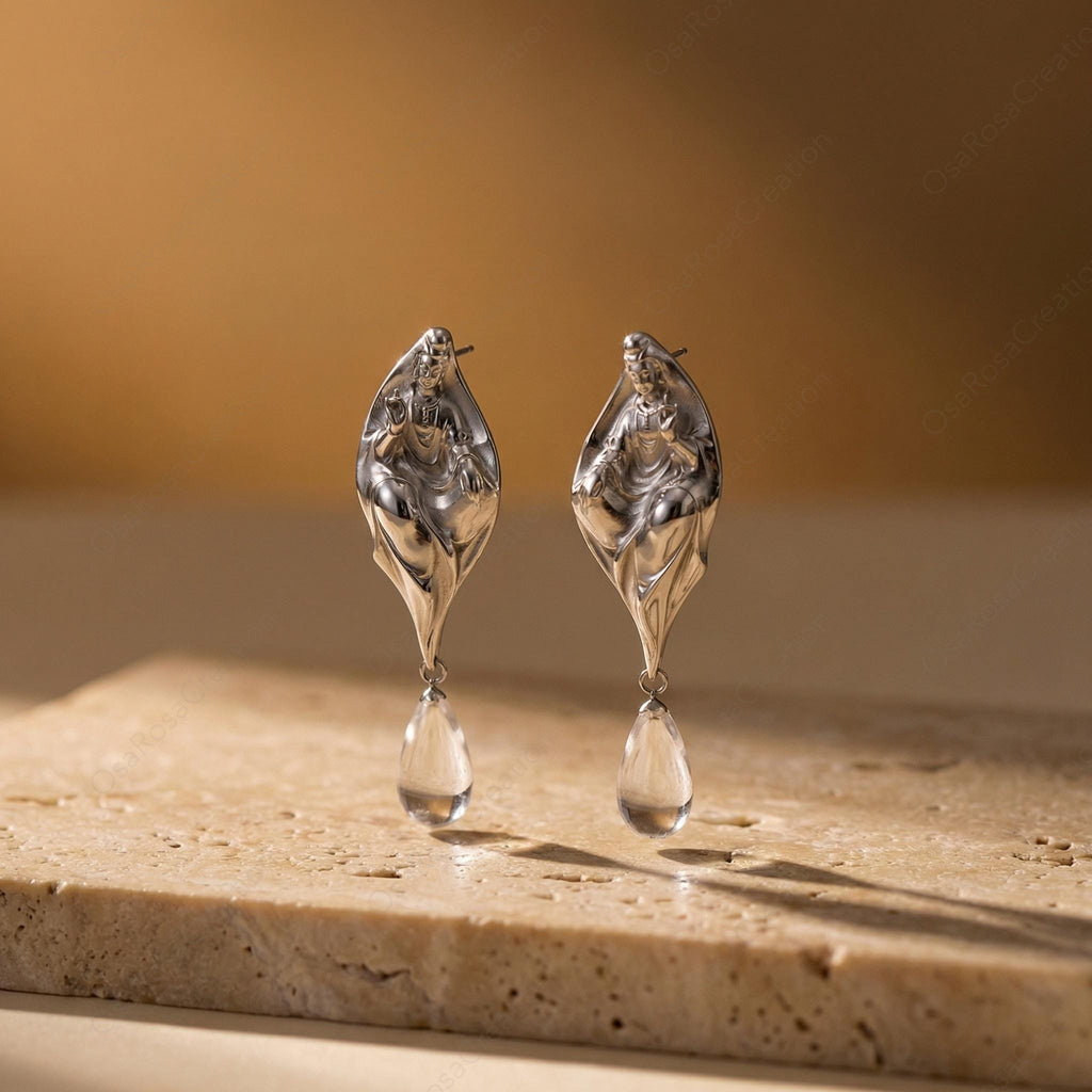Sterling Silver Sculptural Meditative Figure Drop Earrings, Zen Crystal Dangle Jewelry