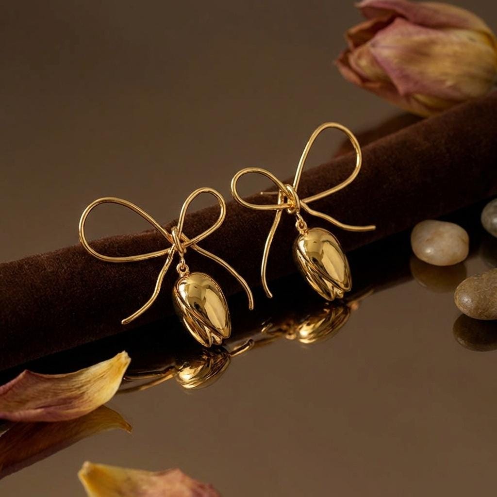 Gold Tulip Ribbon Bow Earrings • Balletcore Dangle Jewelry