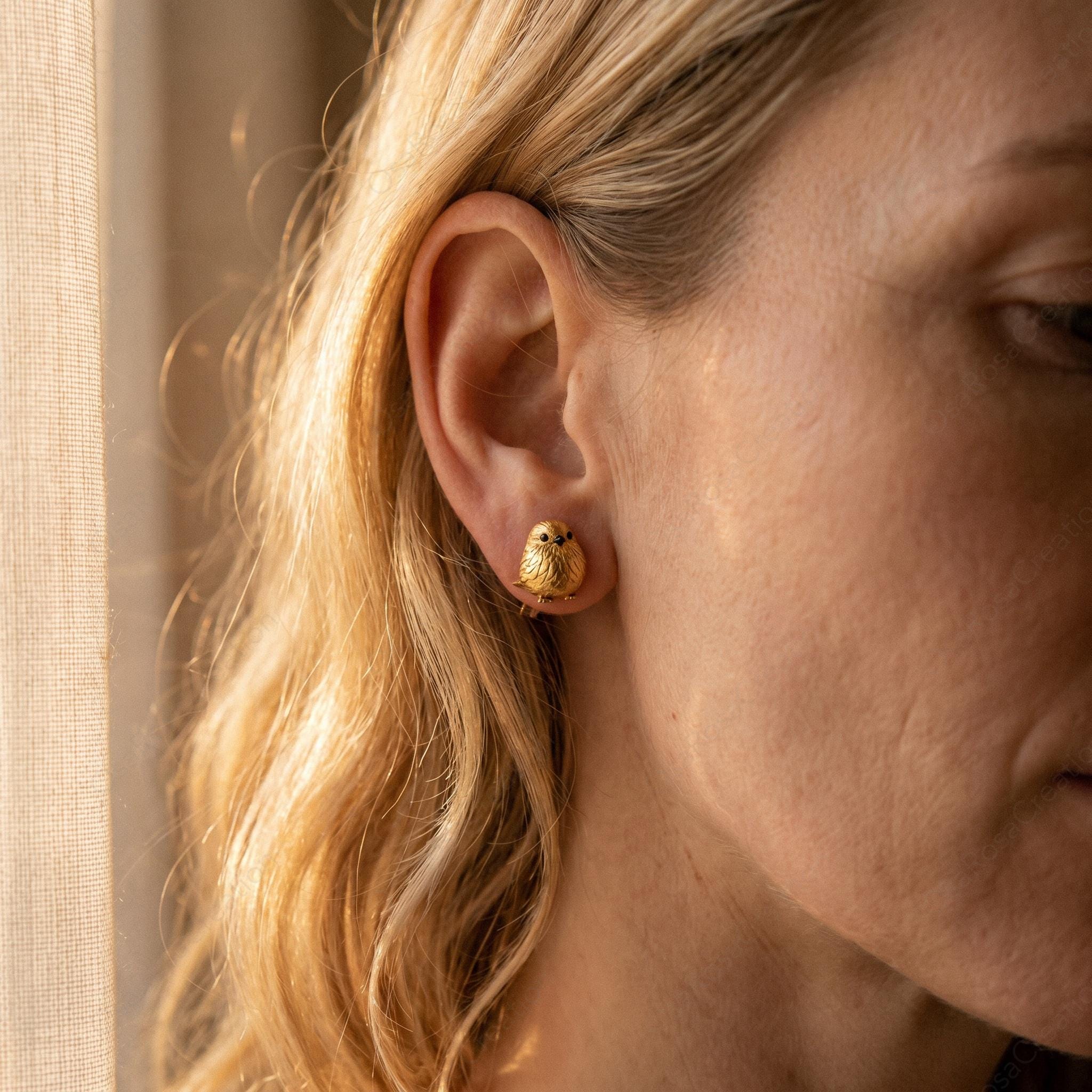 Gold Chubby Sparrow Earrings • Sterling Silver Posts, Bird Watcher Gift