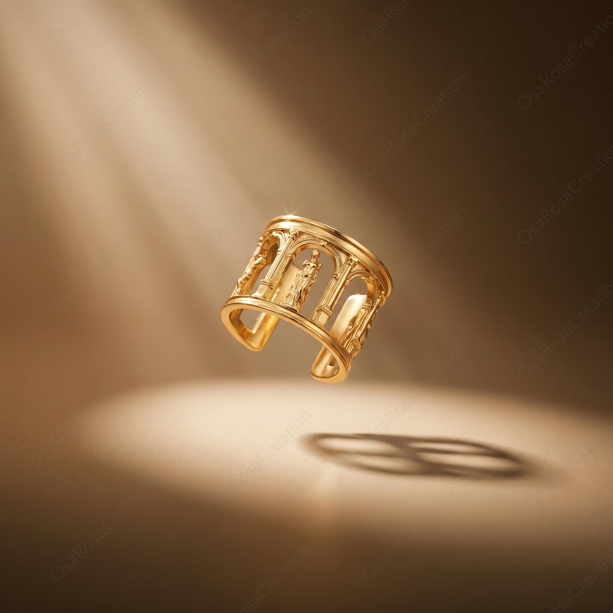 Architectural Gold Ring, Ancient Temple Ring, Classical Column Ring, Sculptural Wide Band Ring, Artistic Statement Ring, Museum Jewelry