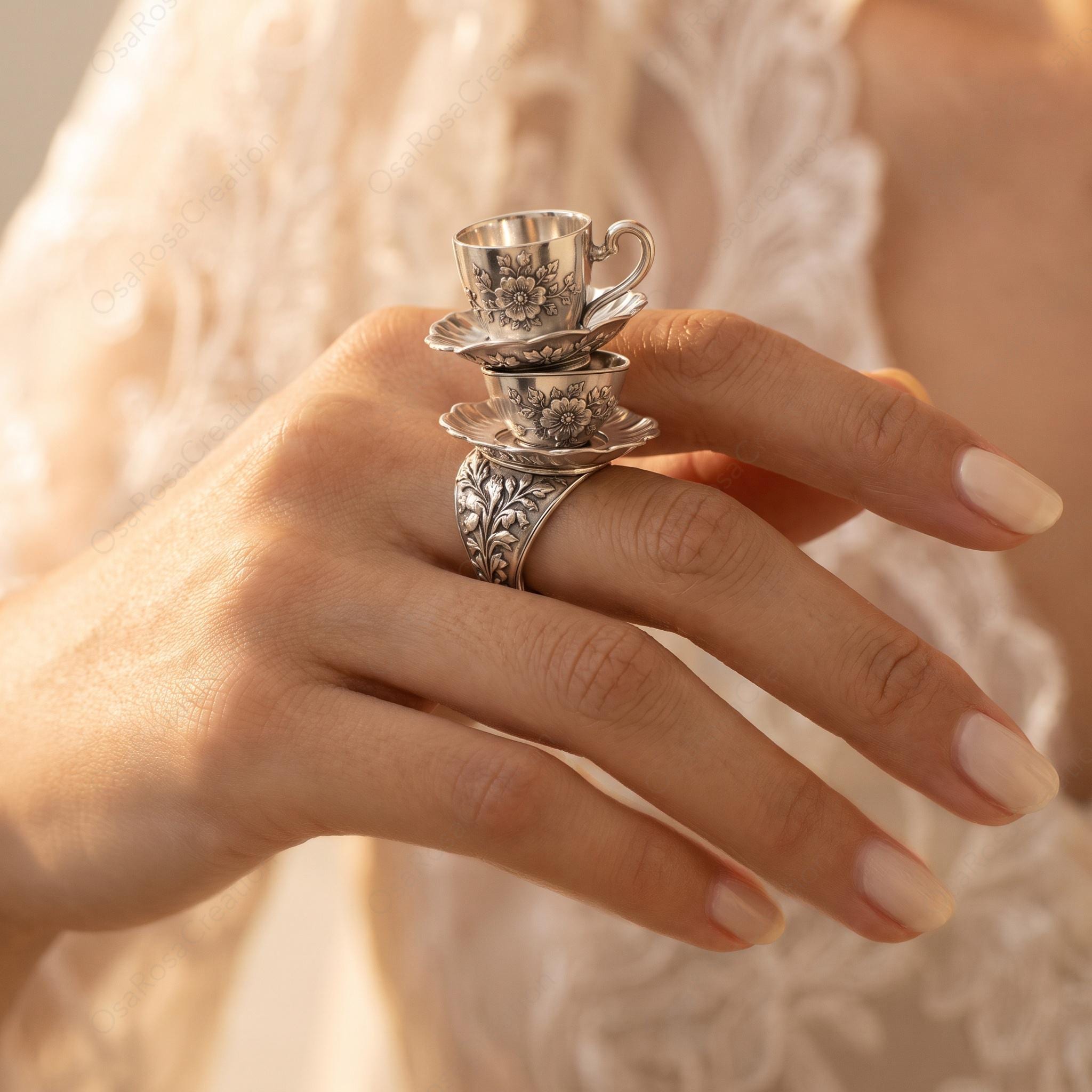 Vintage Stacked Teacup Ring, Floral Engraved Silver, Whimsical Victorian Jewelry