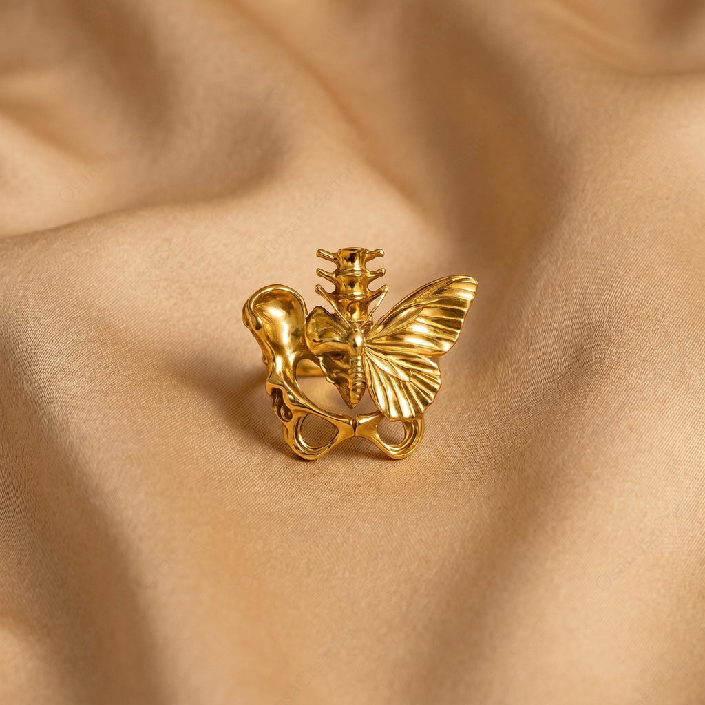 Gold Butterfly Ring, Art Nouveau Insect Jewelry, Botanical Filigree Statement Ring