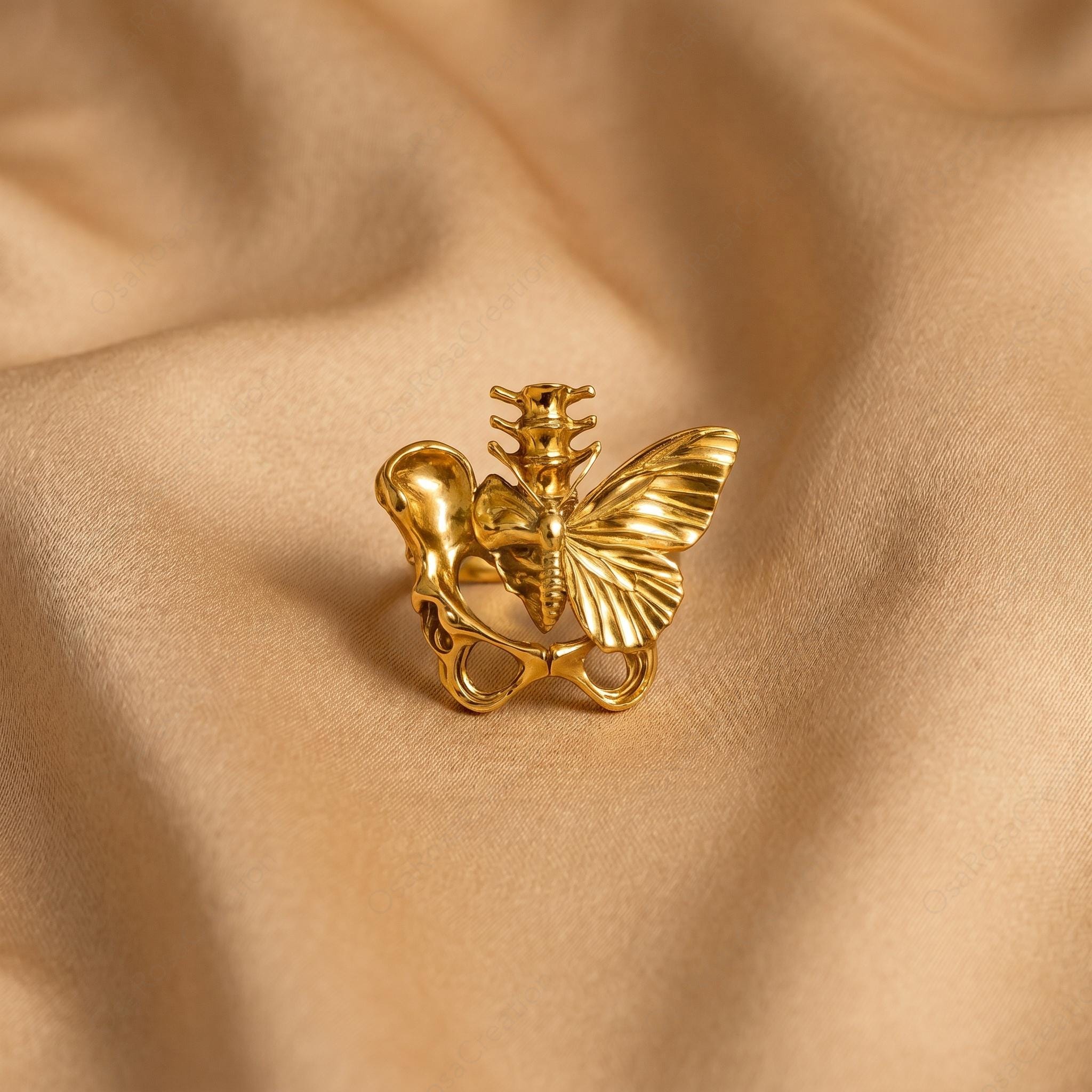 Gold Butterfly Ring, Art Nouveau Insect Jewelry, Botanical Filigree Statement Ring