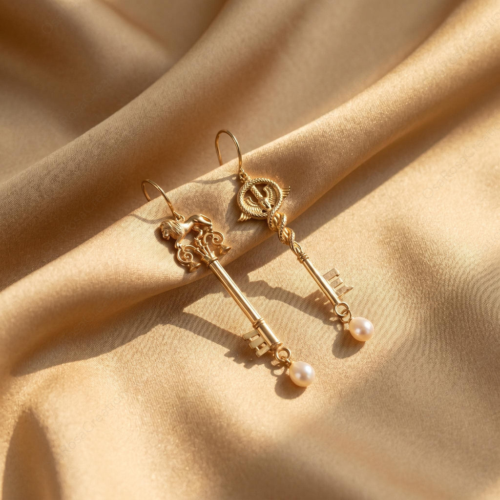 Mismatched Key Earrings • Lion & Caduceus • Pearl Drop, Sterling Silver Hooks