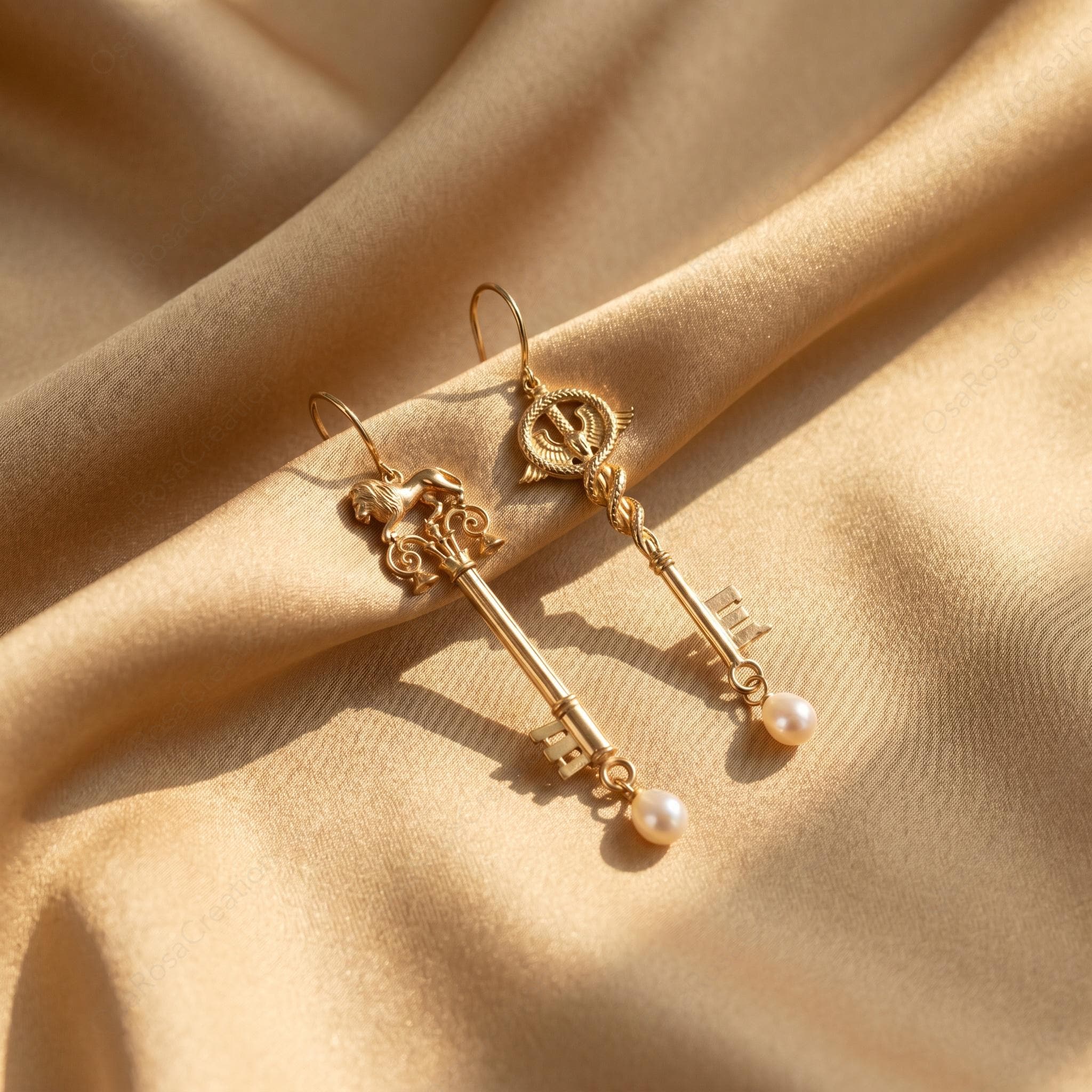 Mismatched Key Earrings • Lion & Caduceus • Pearl Drop, Sterling Silver Hooks