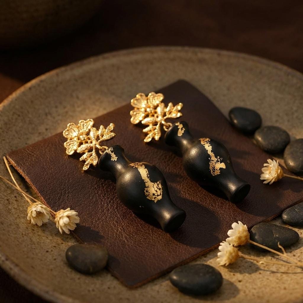 Kintsugi Vase Earrings • Gold Foil Black Ebony Style Drop