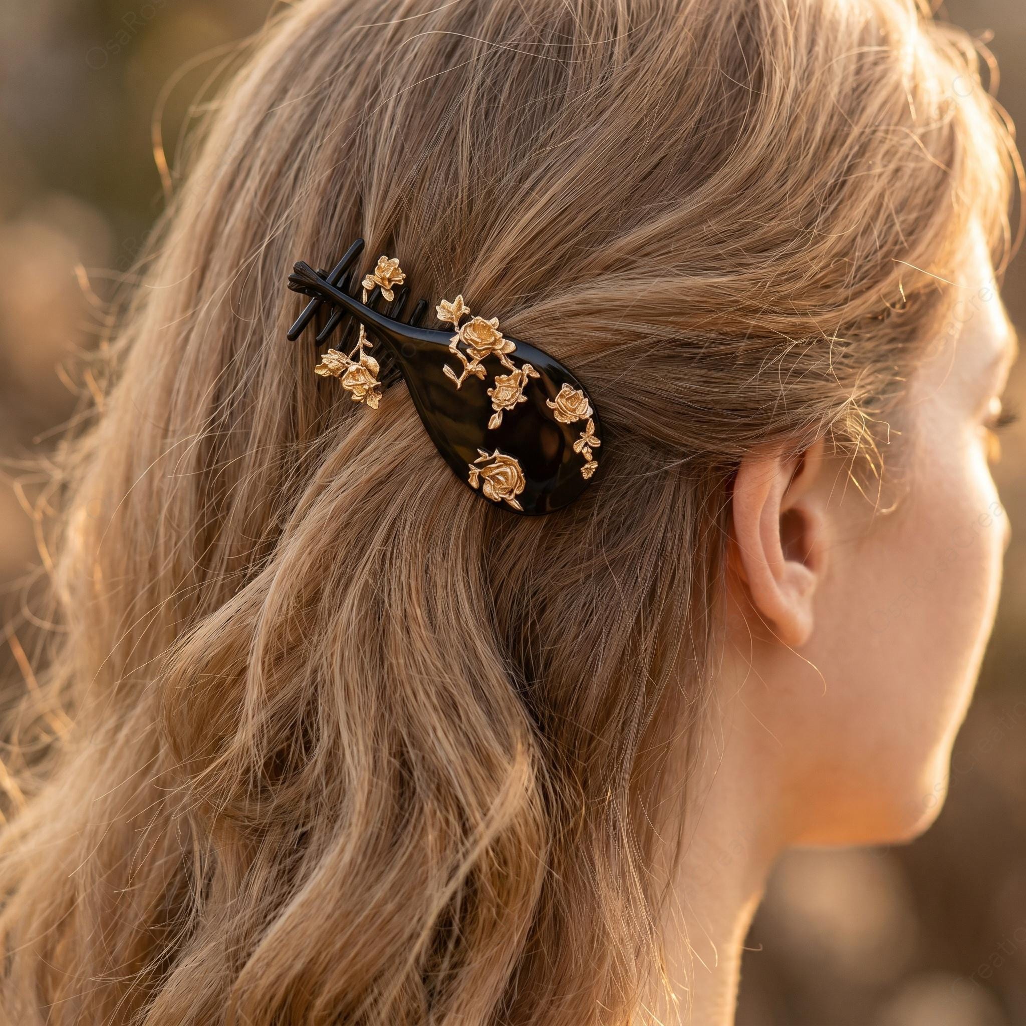 Black Gold Rose Hair Comb, Vintage Style Floral Hair Fork, French Twist Pin