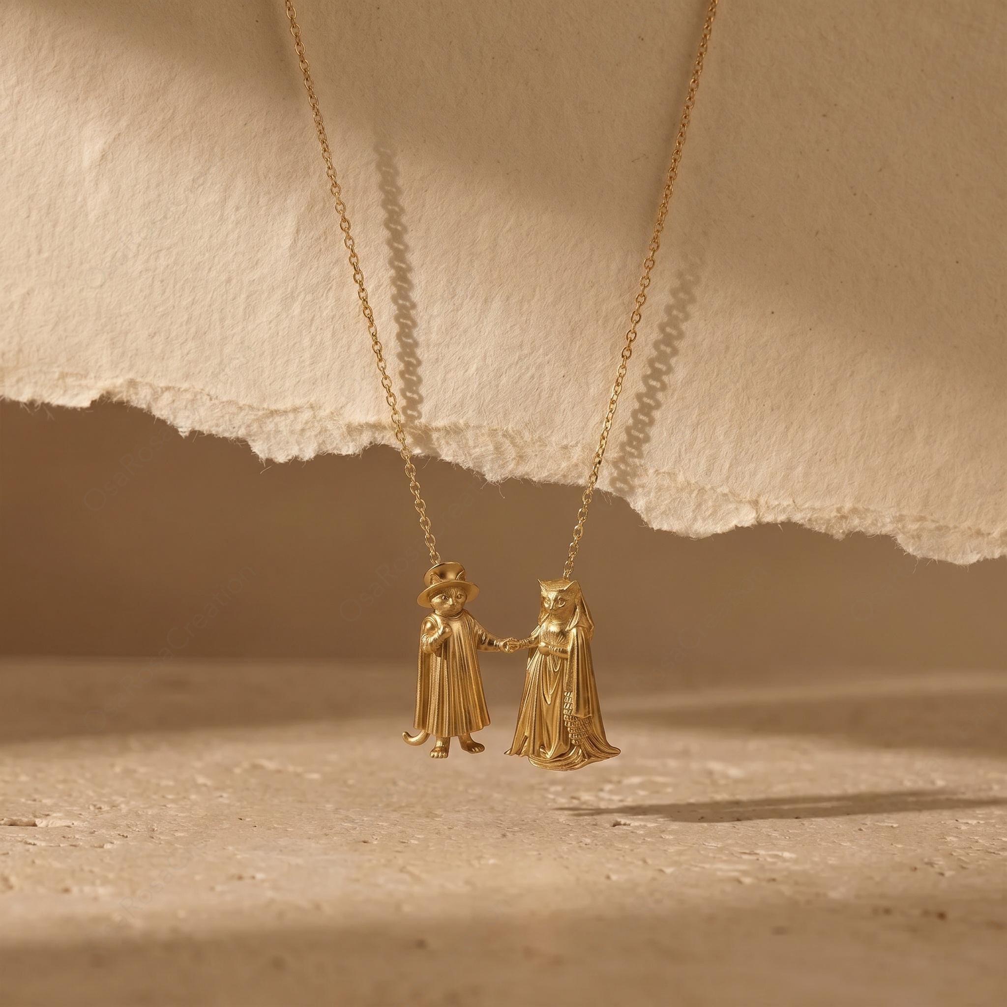 Arnolfini Inspired Cat Wedding Necklace | Gold Plated Brass Pendant