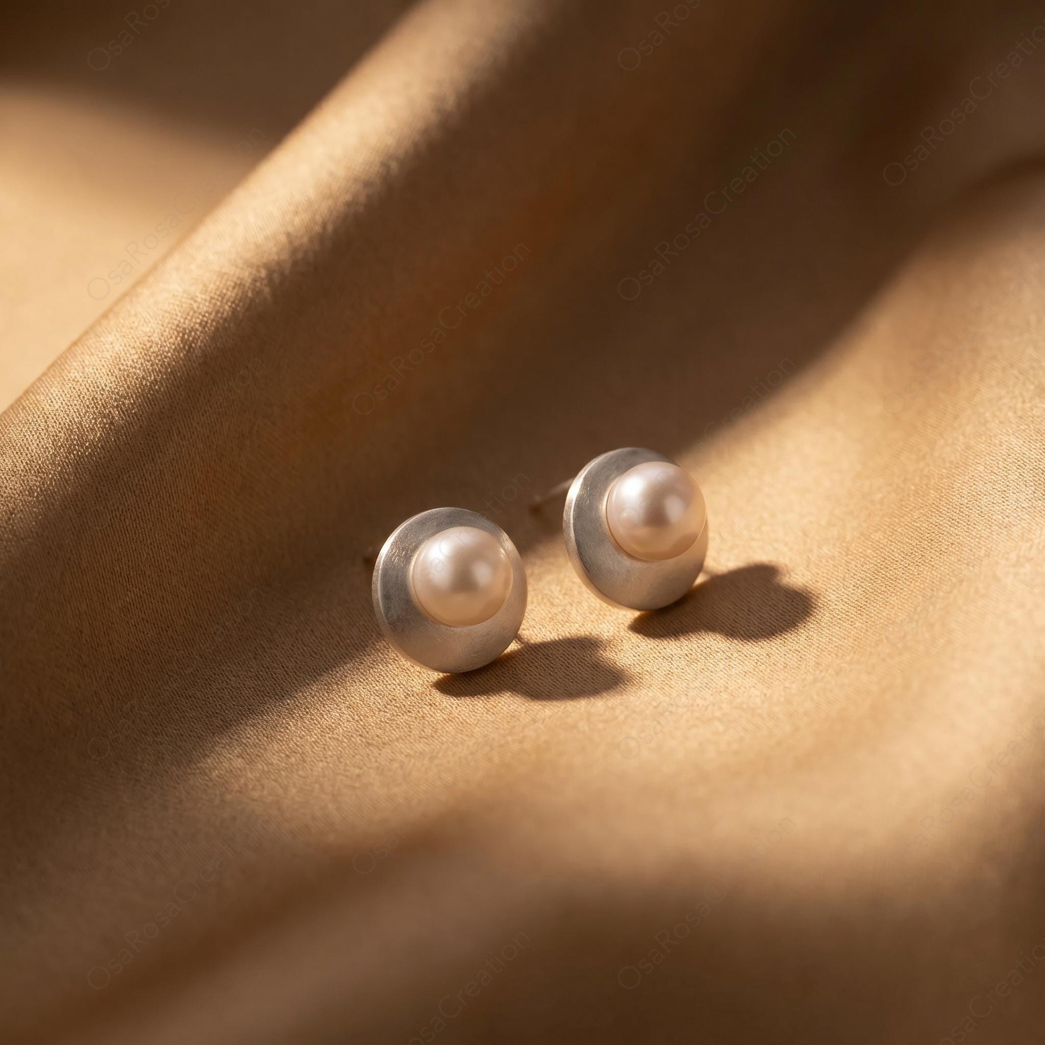 Matte Silver Pearl Stud Earrings, Geometric Minimalist Bridal Jewelry, Modern Elegant Everyday