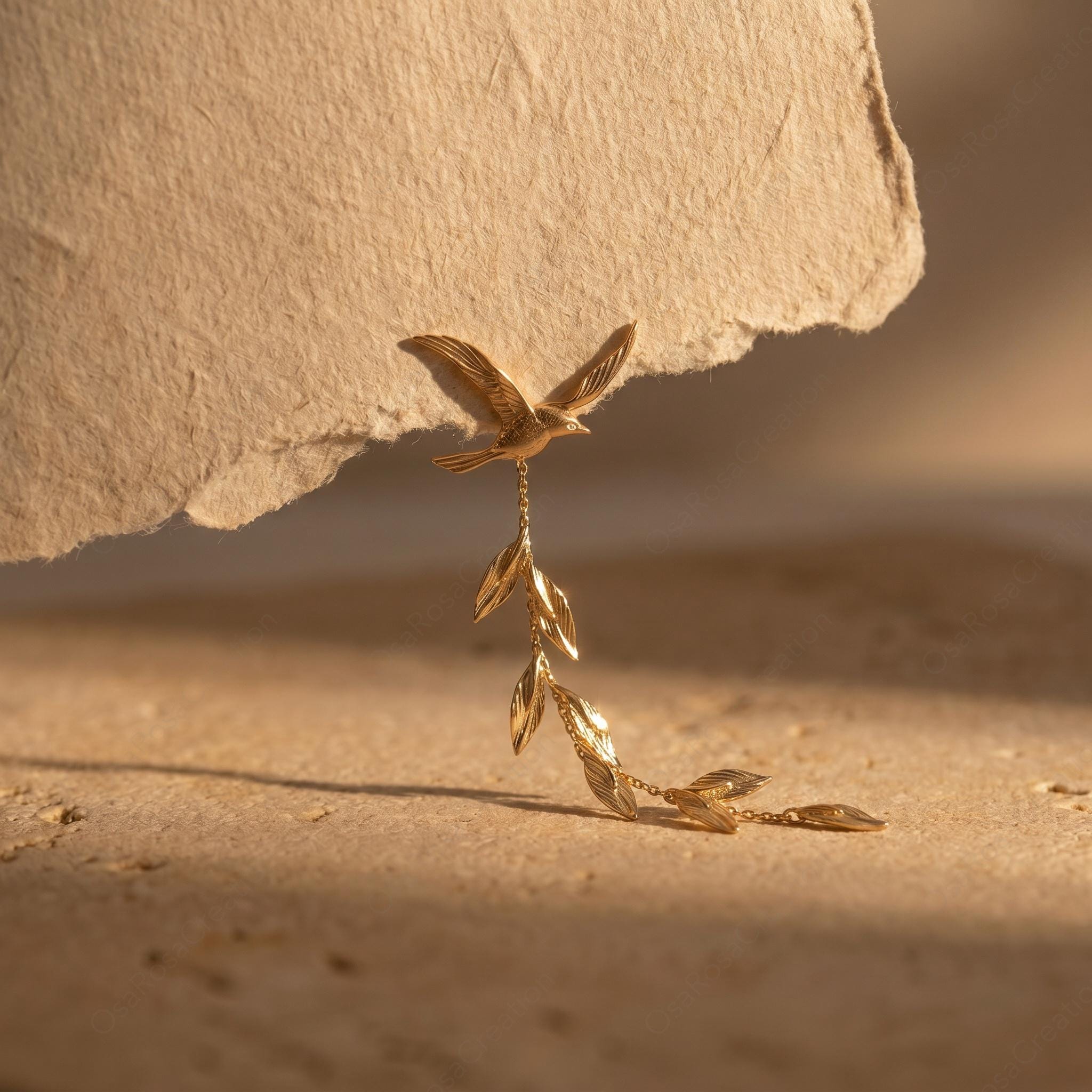 Gold Swallow Earrings • Olive Branch Dangle, Boho Bridal • 18K gold plated