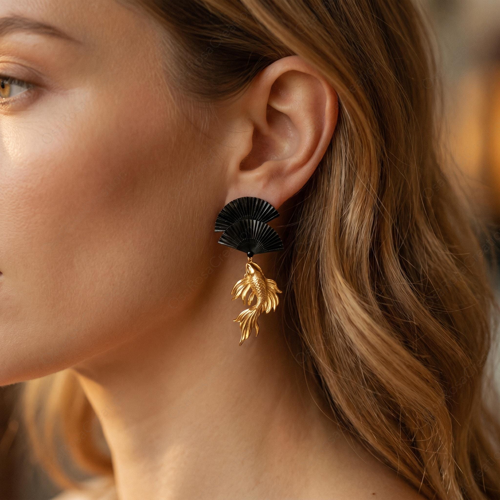 Sculptural Koi Fish Black Fan Earrings, Artistic Gold Oriental Jewelry