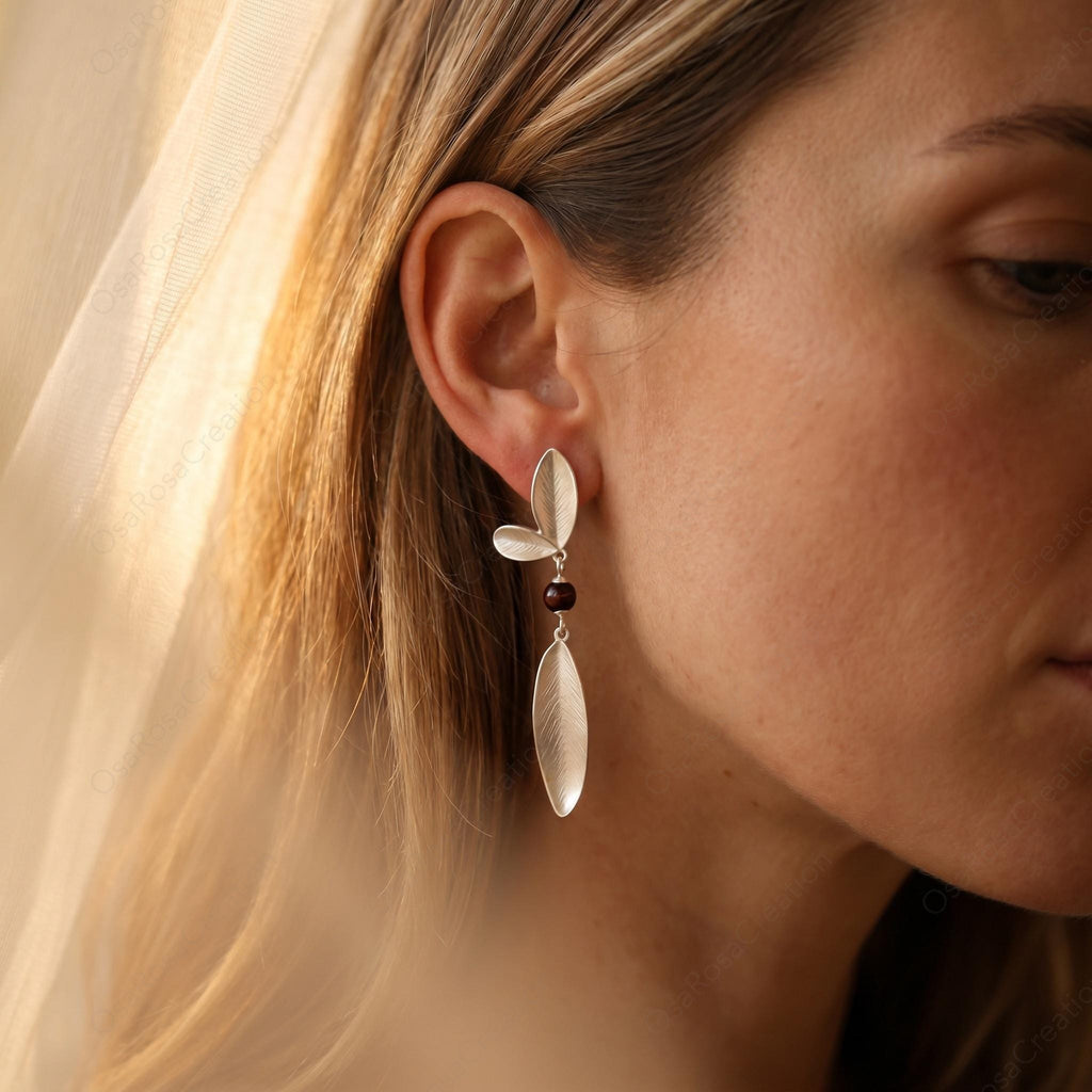 Sterling Silver Leaf Drop Earrings, Botanical Dangle, Nature Inspired Bridal Jewelry