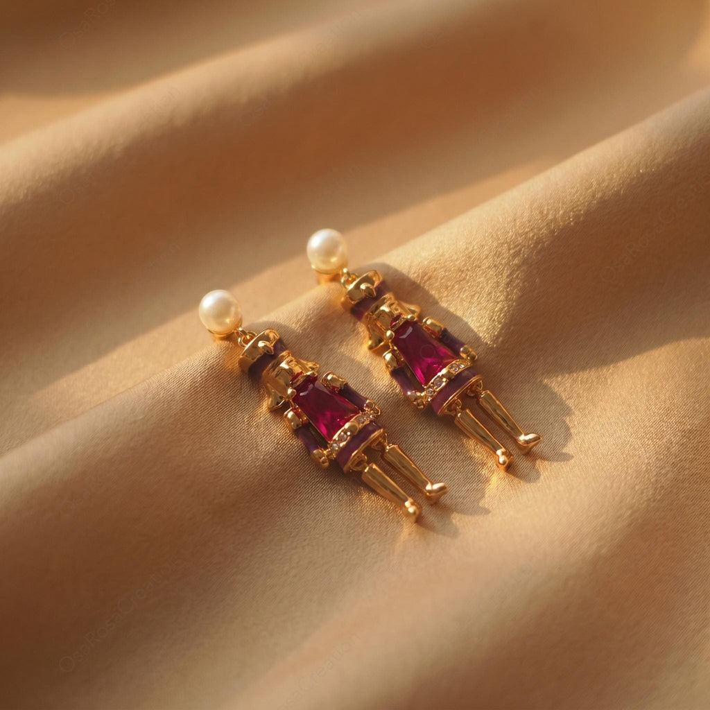 Vintage Nutcracker Pearl Earrings, Ruby Red Gemstone Toy Soldier Dangle Earrings, Festive Holiday Jewelry, Whimsical Artistic Statement Gift
