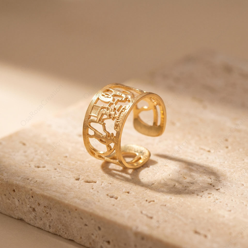 Gold Plated Copper Hieroglyphic Ring | Egyptian Nile Statement Jewelry (Adjustable)
