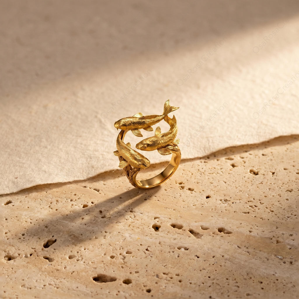 Gold Koi Fish Wrap Ring, Sculptural Double Fish Statement Jewelry, Nature Inspired Charm