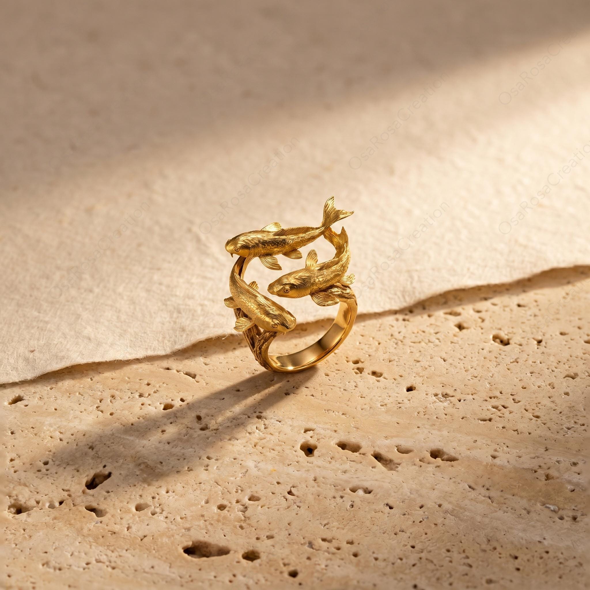 Gold Koi Fish Wrap Ring, Sculptural Double Fish Statement Jewelry, Nature Inspired Charm