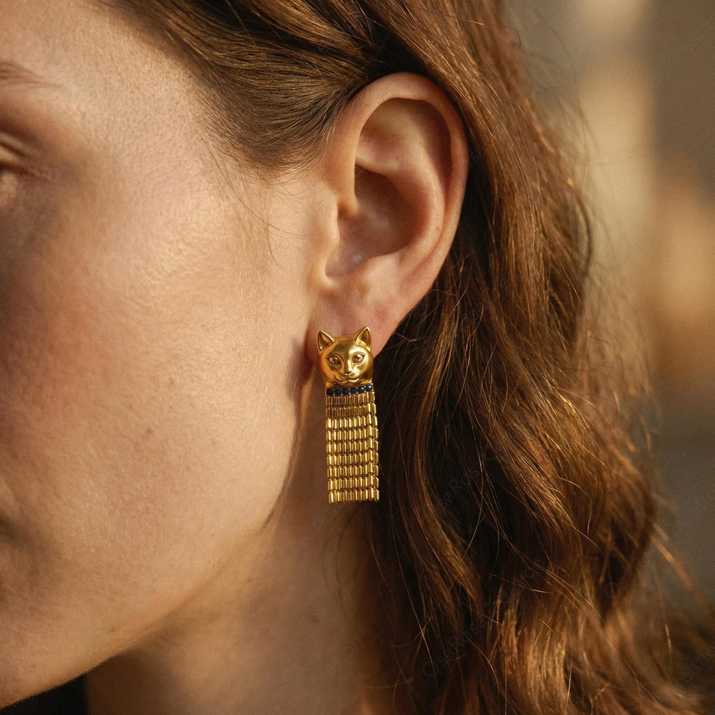 Sculptural Gold Cat Tassel Earrings Vintage Style Feline Fringe Drop Statement Jewelry
