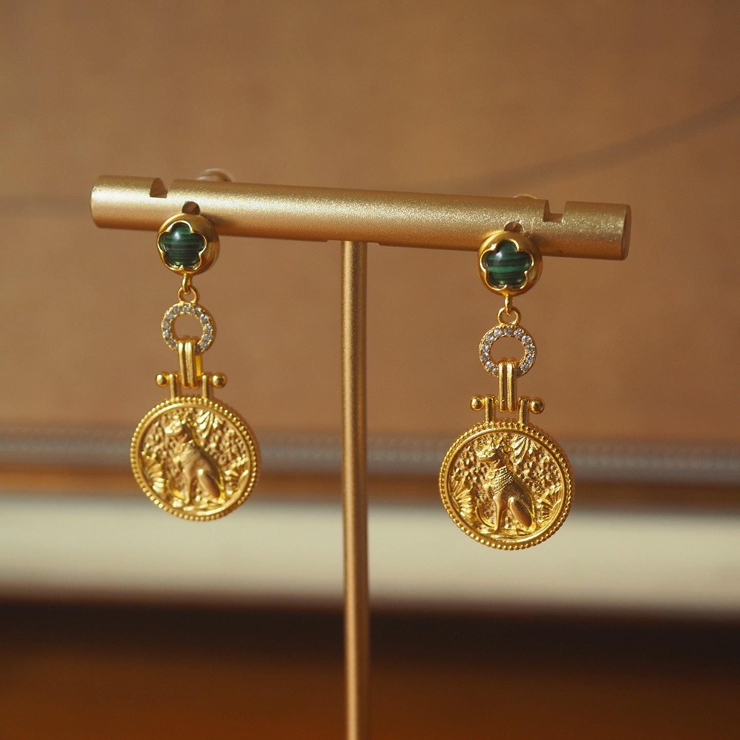 Gold Coin Malachite Earrings, Vintage Medallion, 925 Silver Post