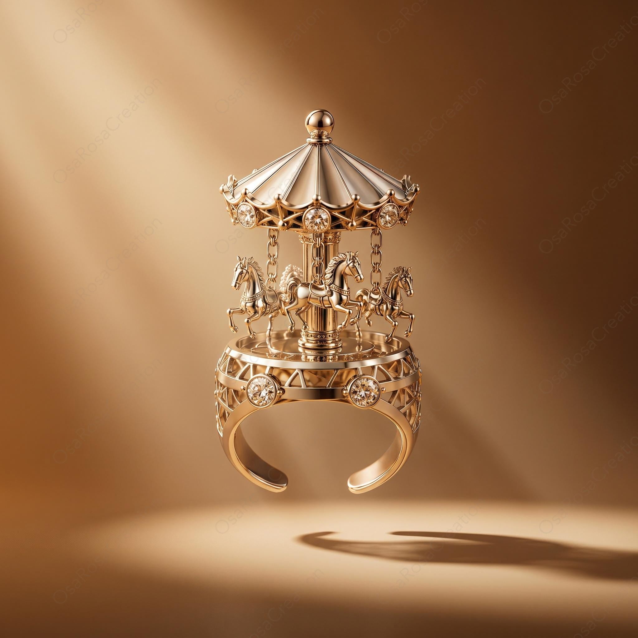 3D Carousel Dome Ring, Platinum-Plated Brass, Cubic Zirconia Fairytale Jewelry