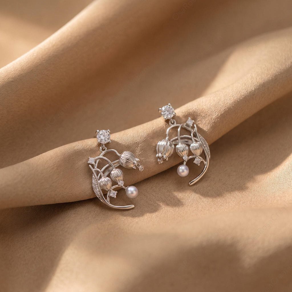 Silver Lily of the Valley Earrings, Pearl Drop Botanical Jewelry